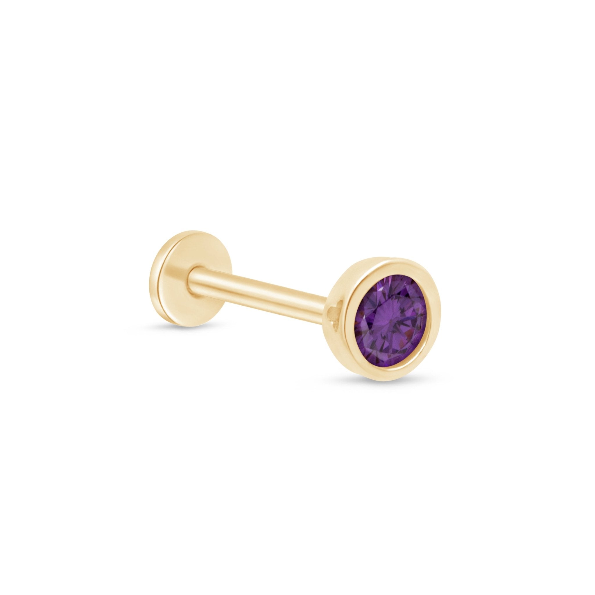 Round Amethyst Flat Back Stud Bezel Set in Solid 14k Yellow Gold