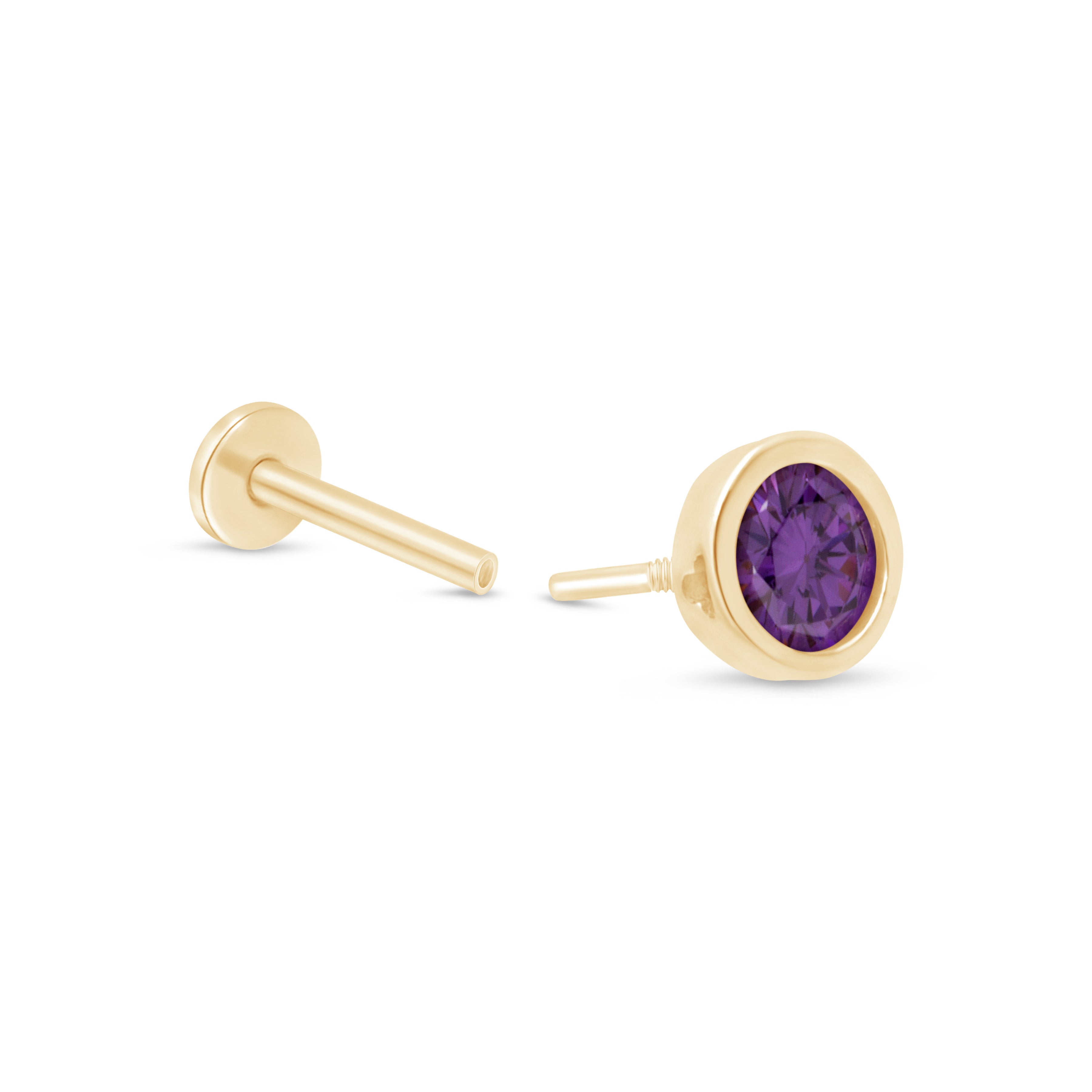 Round Amethyst Flat Back Stud Bezel Set in Solid 14k Yellow Gold