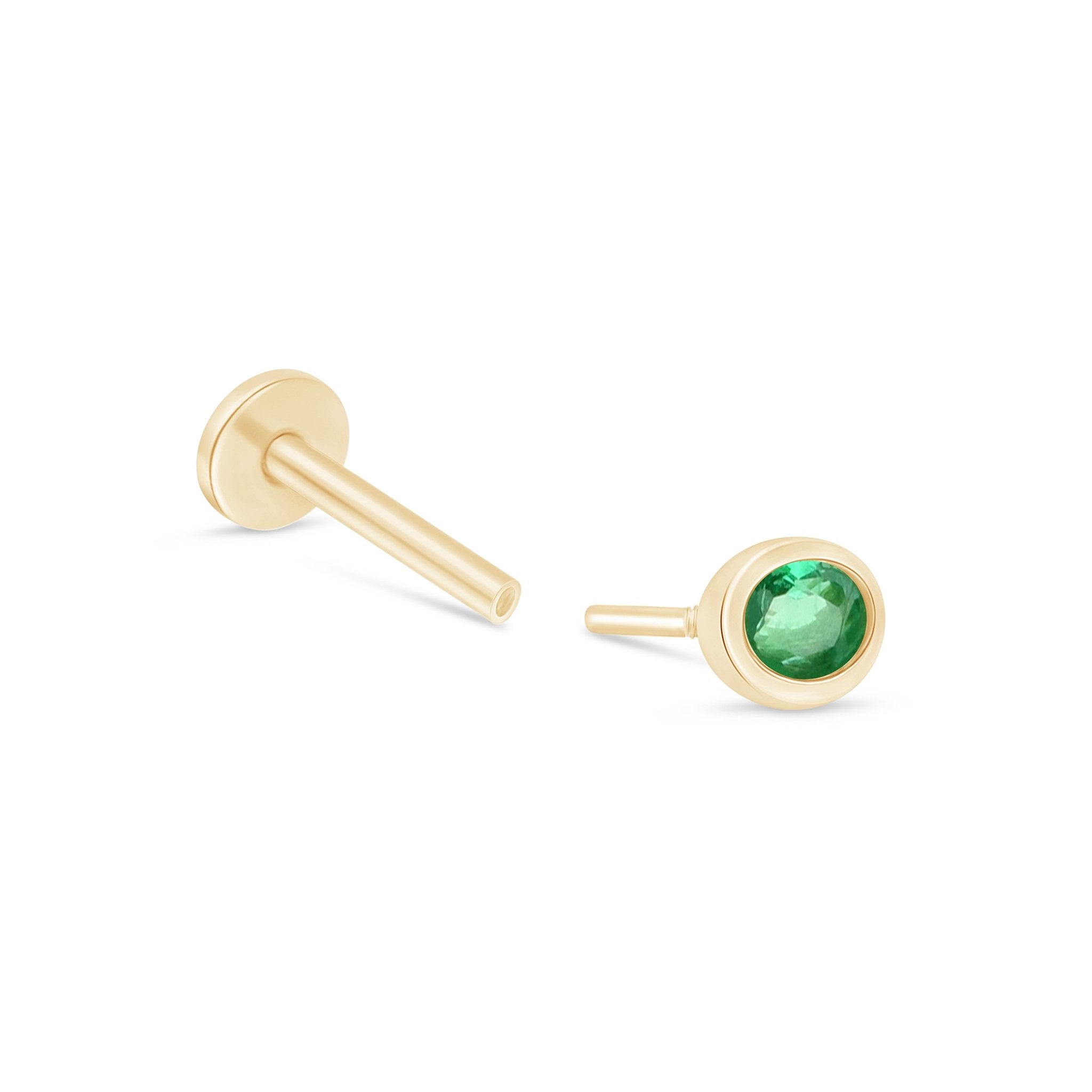 Oval Emerald Flat Back Stud Bezel Set in Solid 14k Yellow Gold