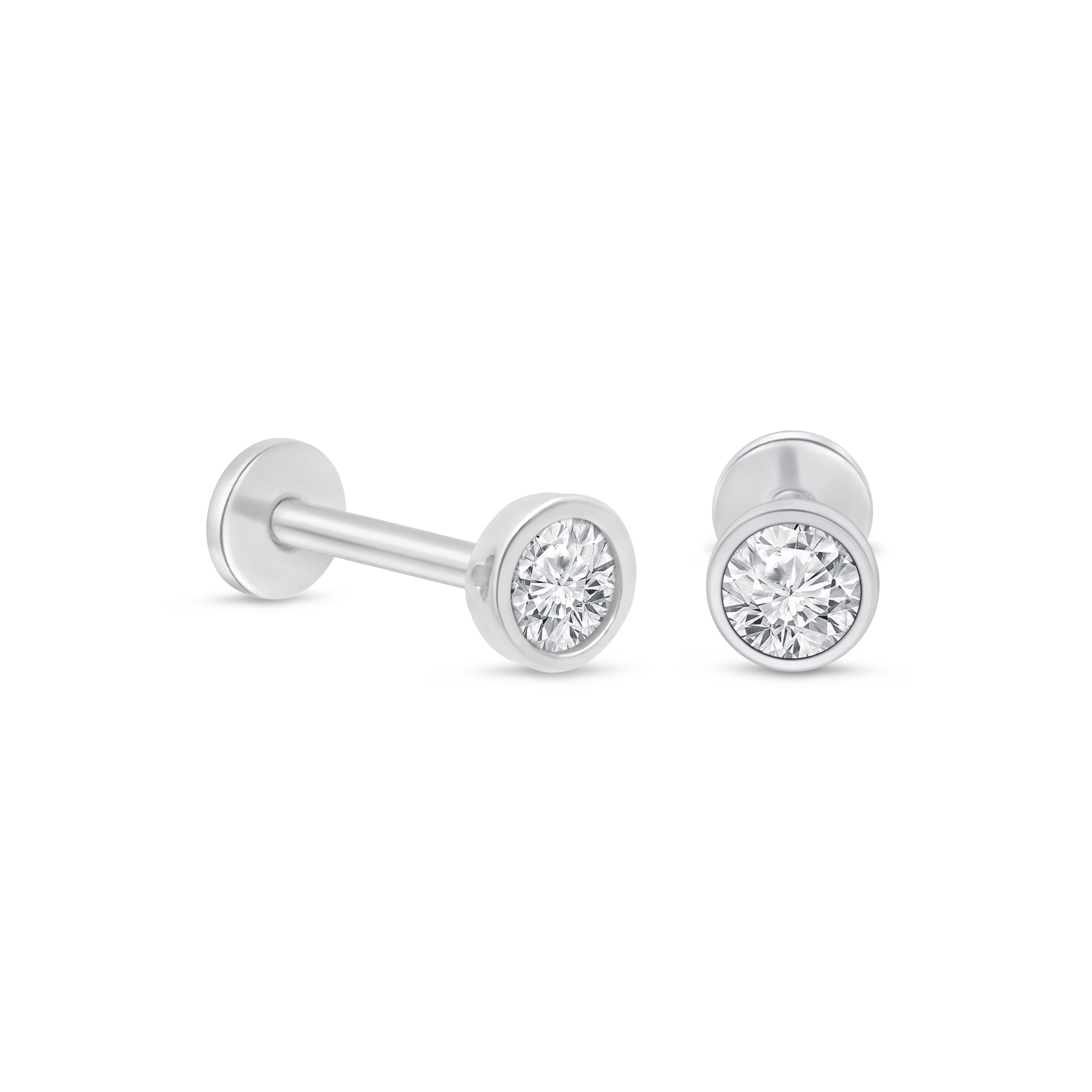 Natural Diamond Flat Back Stud Bezel Set in Solid 14k White Gold