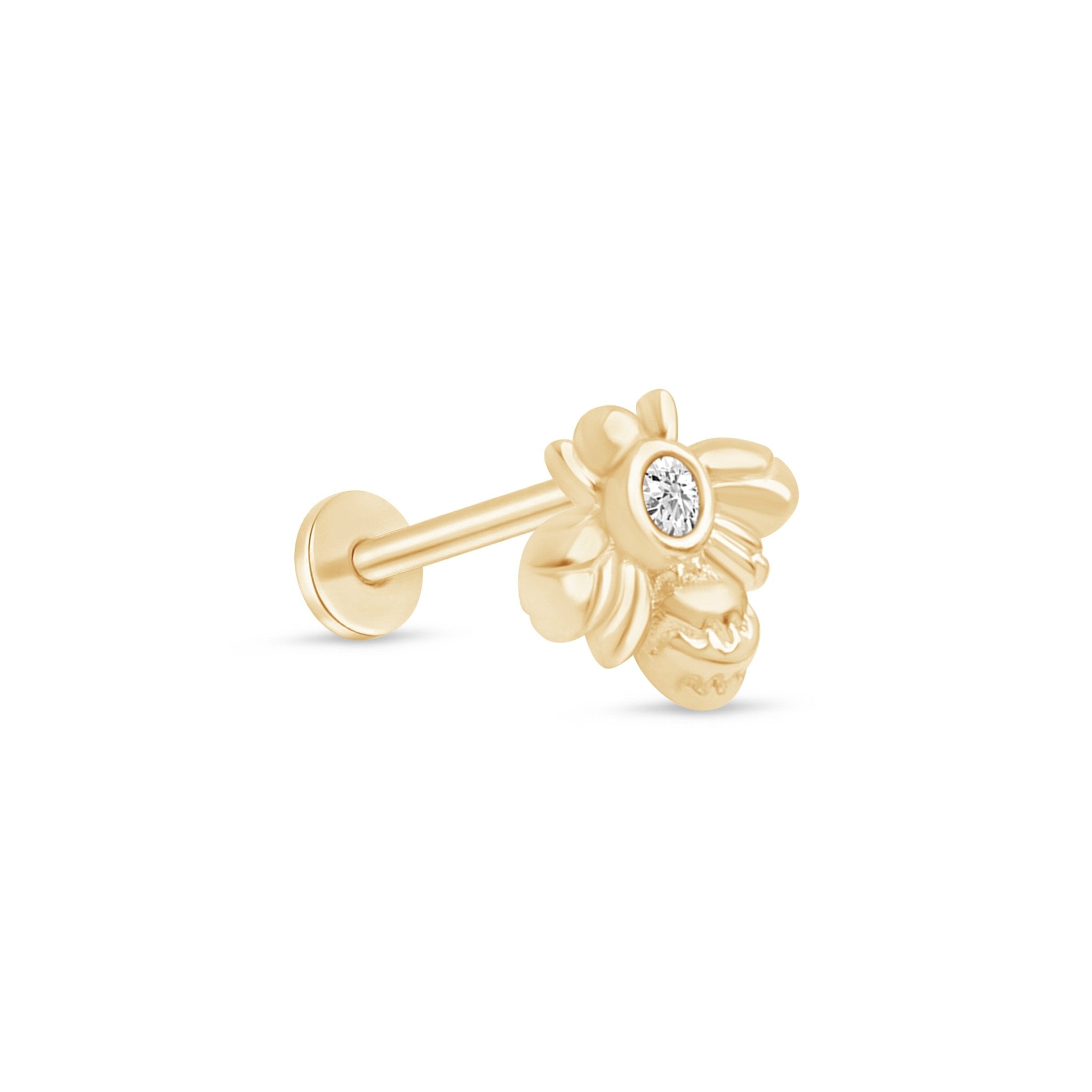 Cubic Zirconia Bee Flat Back Stud in Solid 14k Yellow Gold