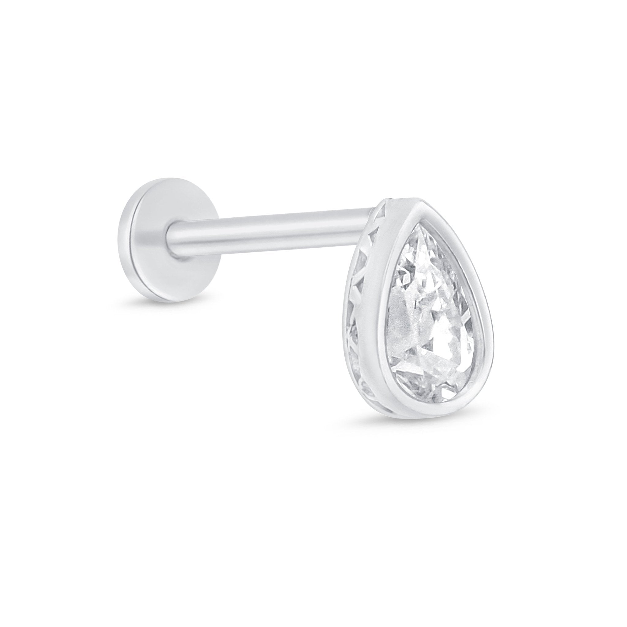 Pear Cut Cubic Zirconia Flat Back Stud in Solid 14k White Gold