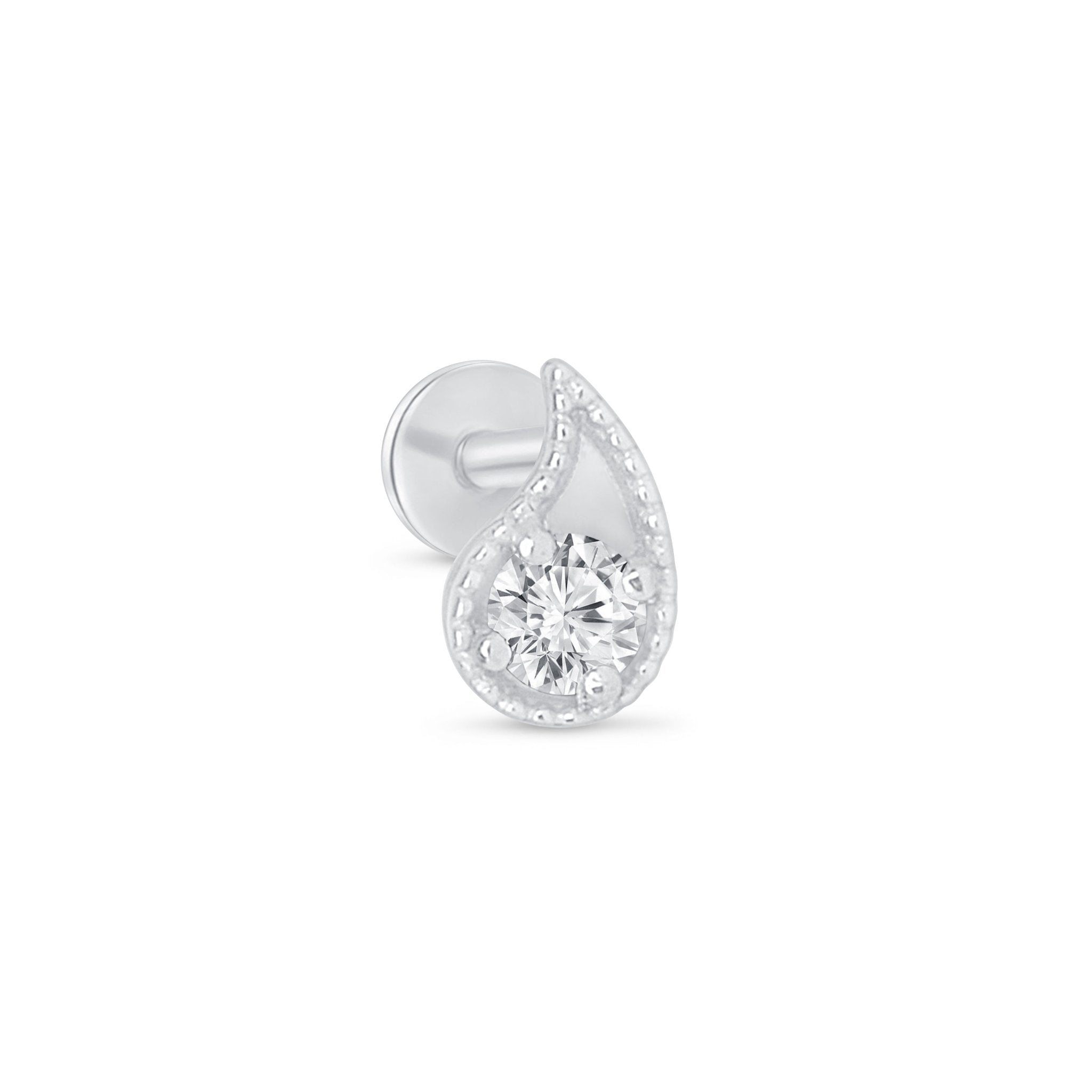 Diamond Paisley Flat Back Stud Milgrain Set in Solid 14k White Gold