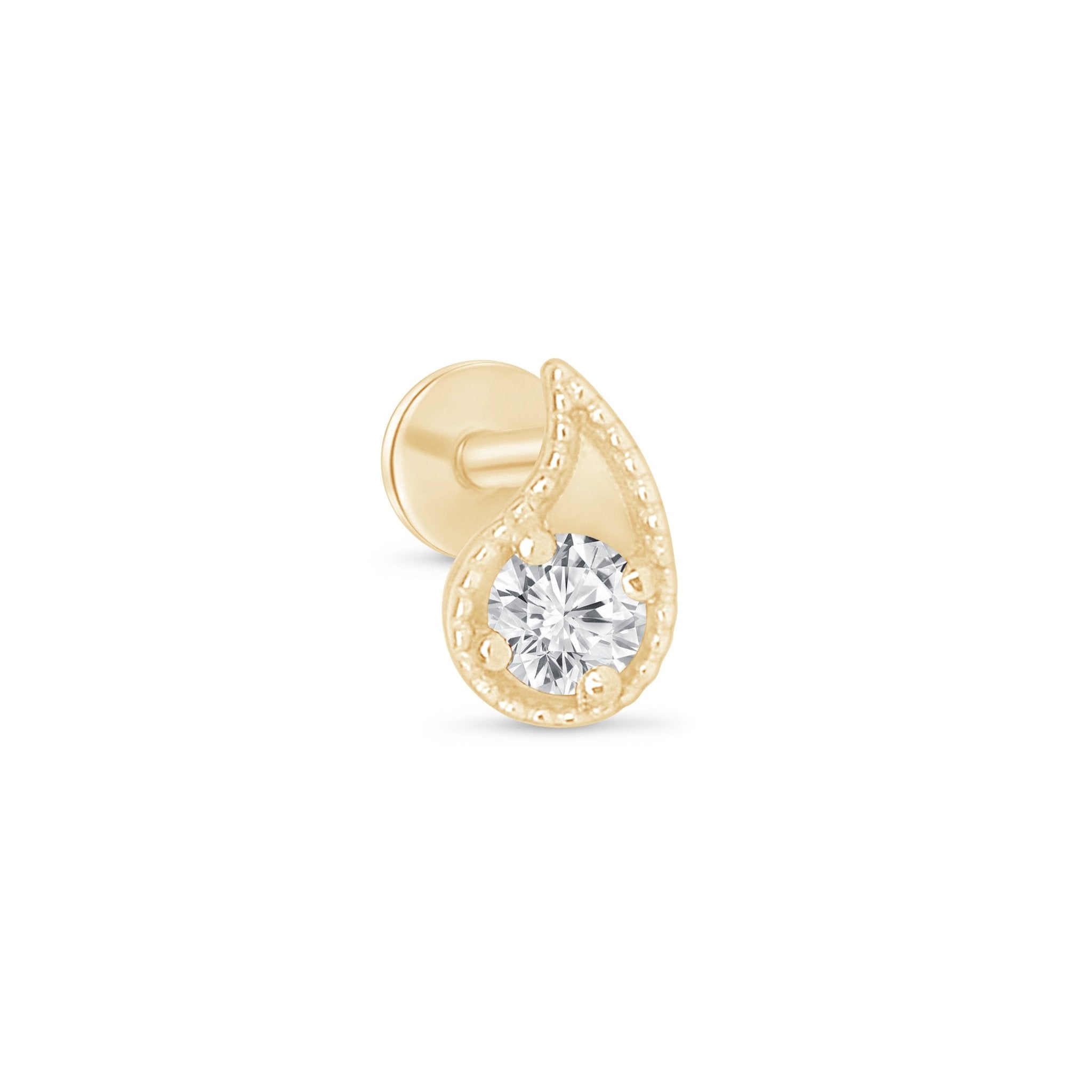 Diamond Paisley Flat Back Stud Milgrain Set in Solid 14k Yellow Gold