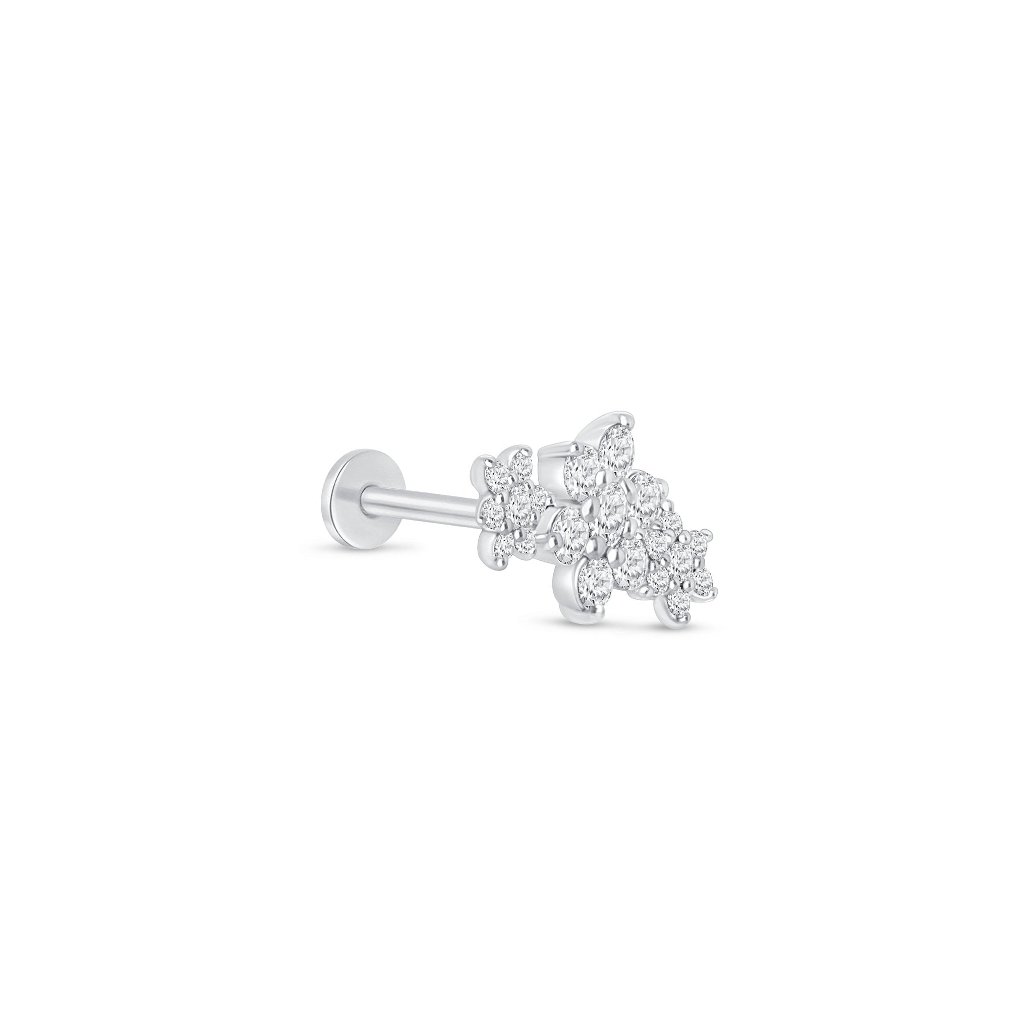 Diamond Three Flower Garland Flat Back Stud in Solid 14k White Gold