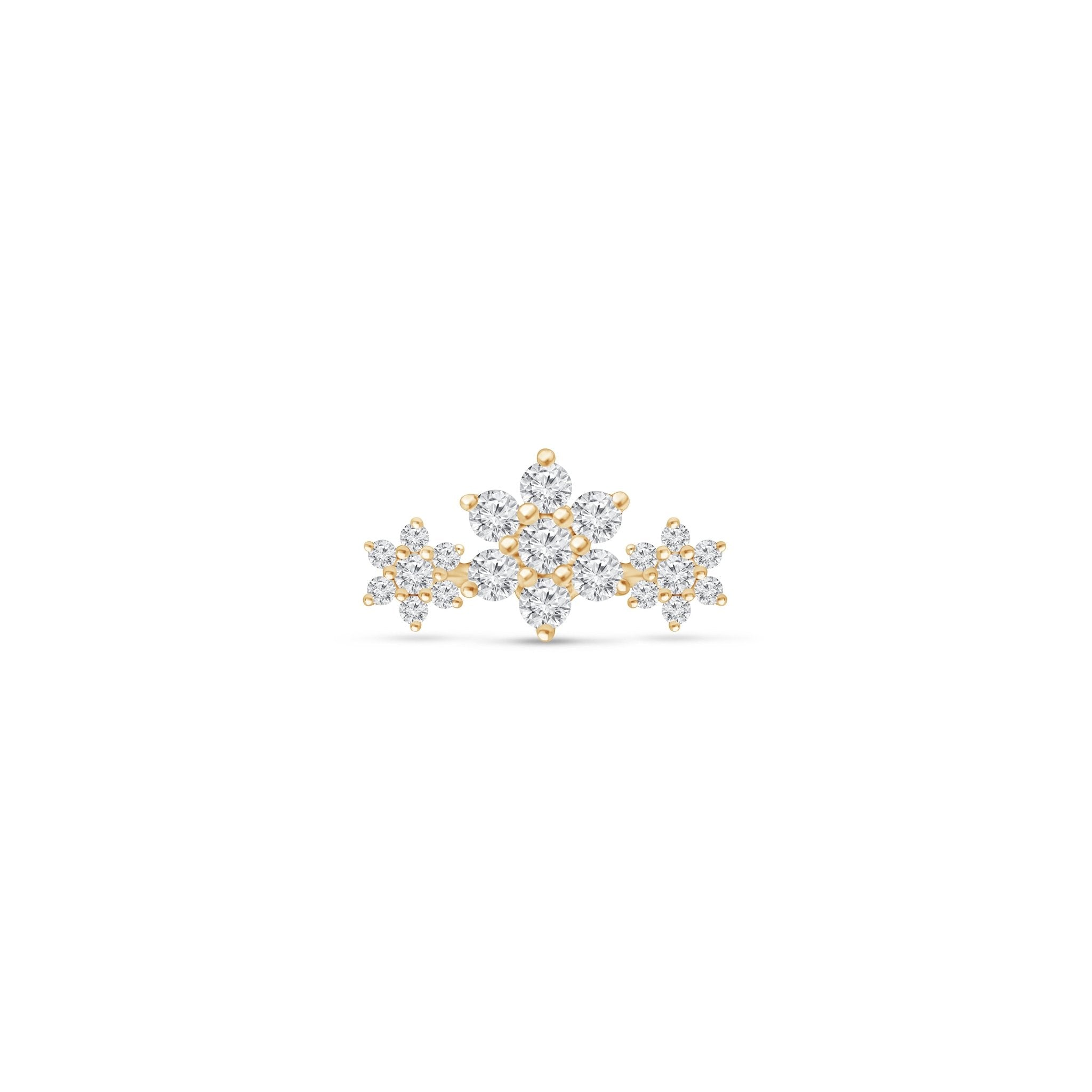 Diamond Three Flower Garland Flat Back Stud in Solid 14k Yellow Gold