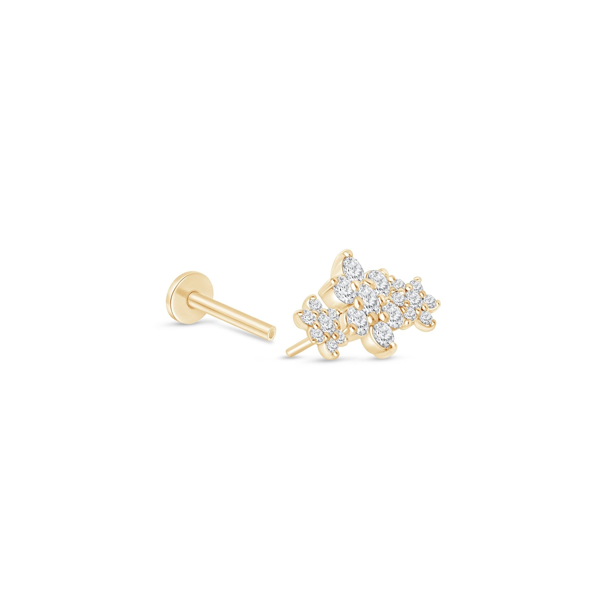 Diamond Three Flower Garland Flat Back Stud in Solid 14k Yellow Gold