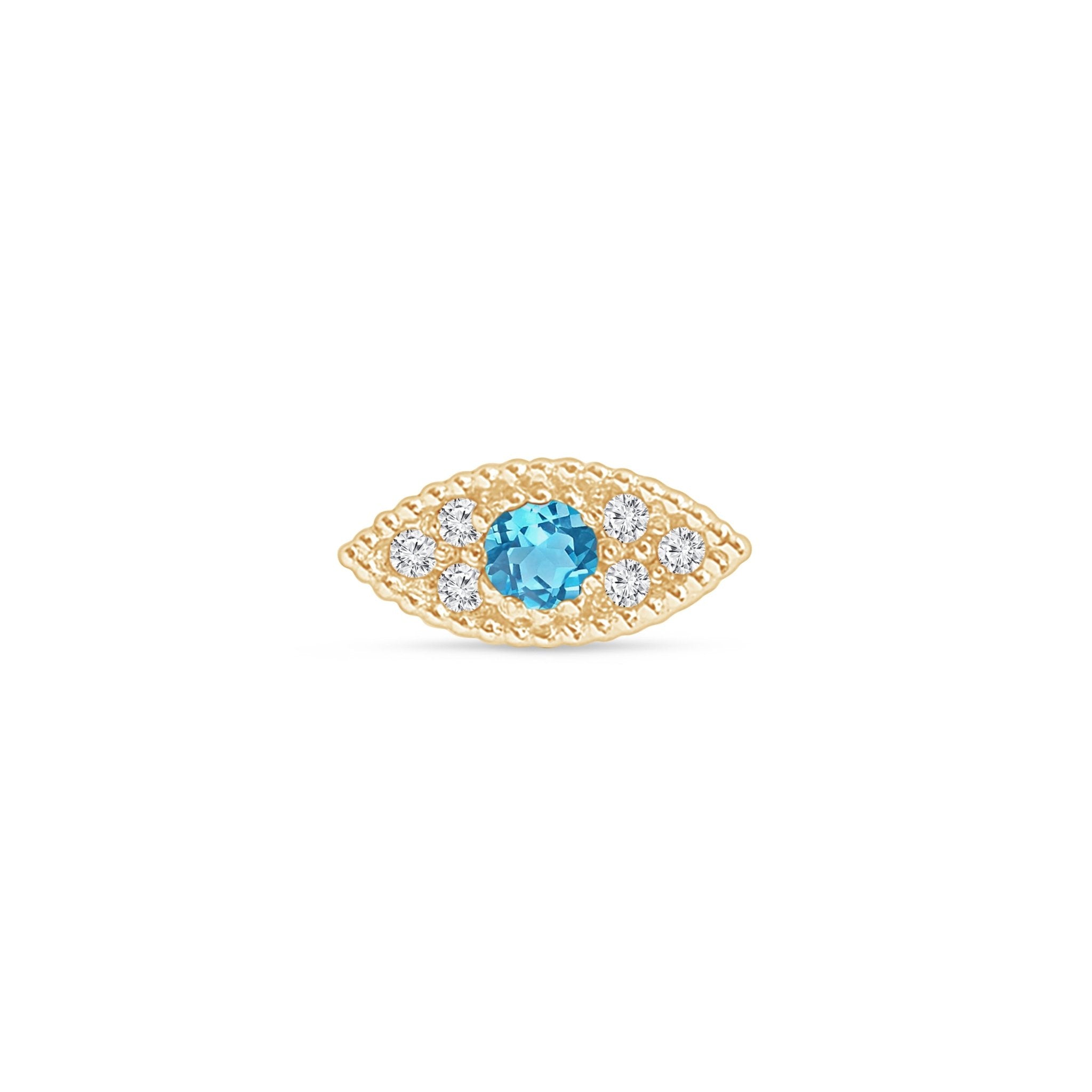 Blue Topaz Evil Eye Flat Back Stud in Solid 14k Yellow Gold