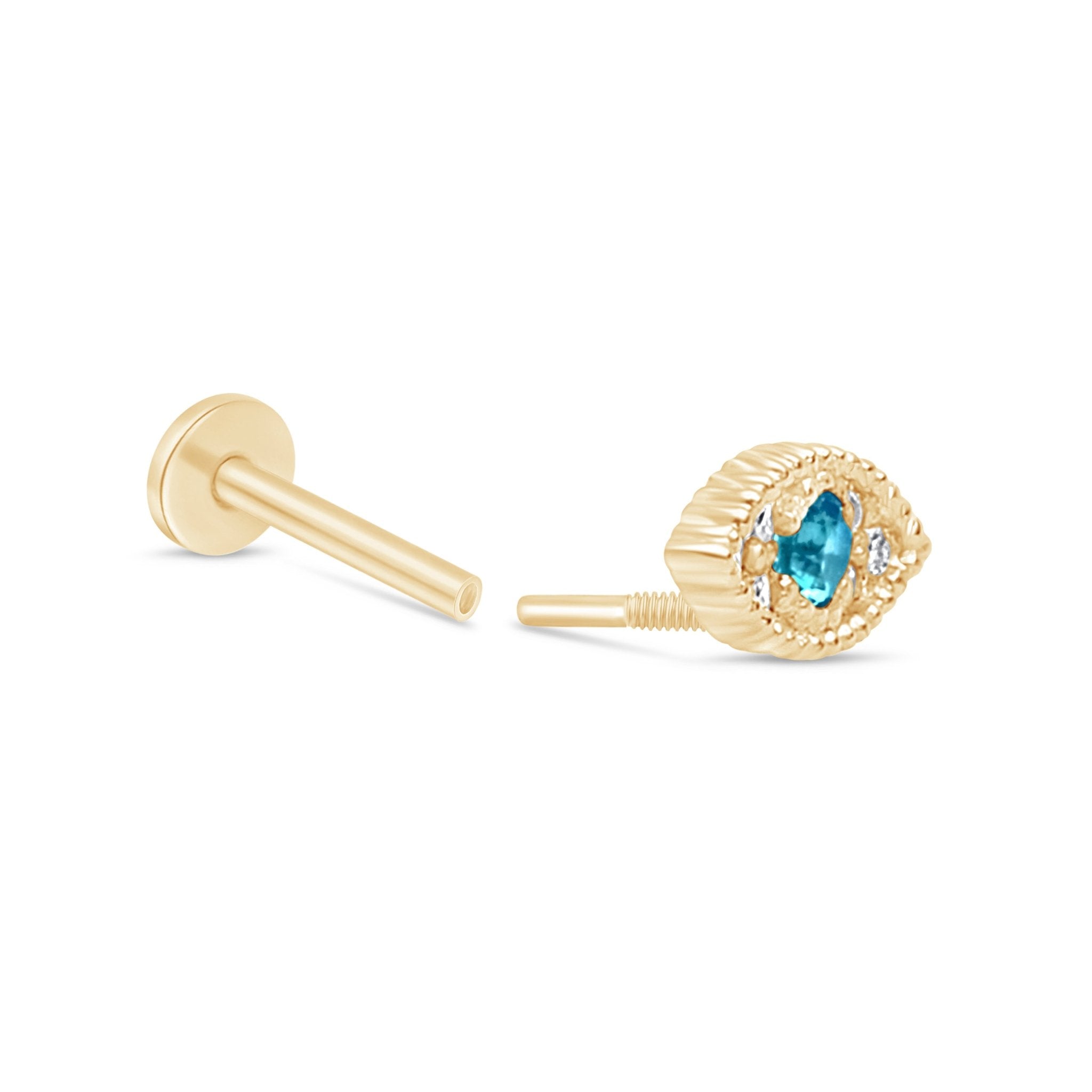 Blue Topaz Evil Eye Flat Back Stud in Solid 14k Yellow Gold