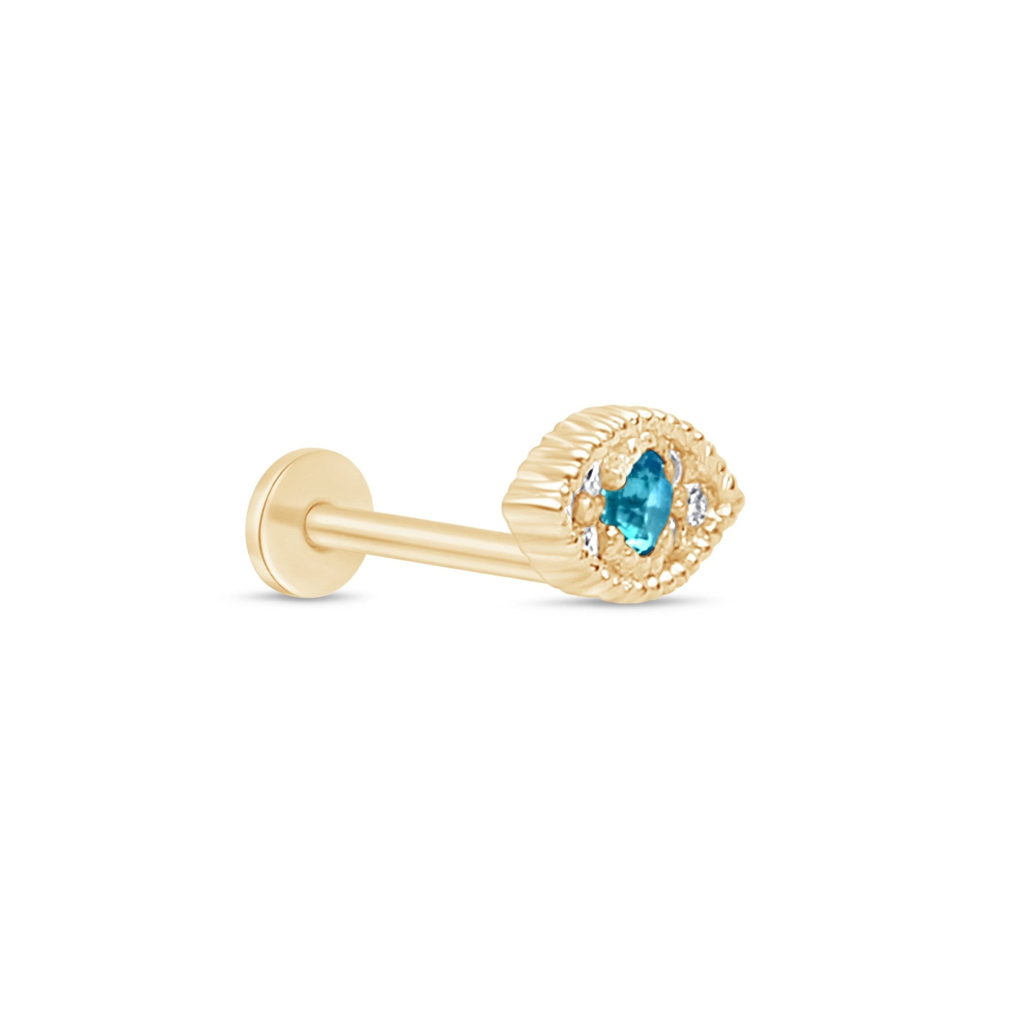 Blue Topaz Evil Eye Flat Back Stud in Solid 14k Yellow Gold