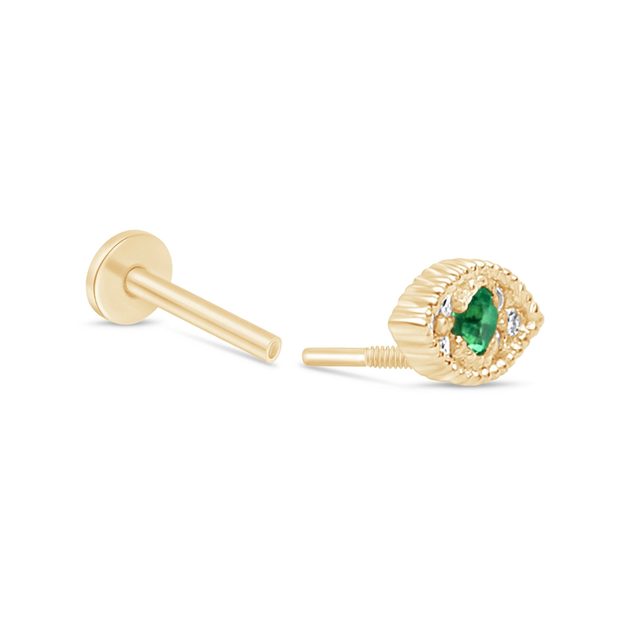 Emerald Evil Eye Flat Back Stud in Solid 14k Yellow Gold