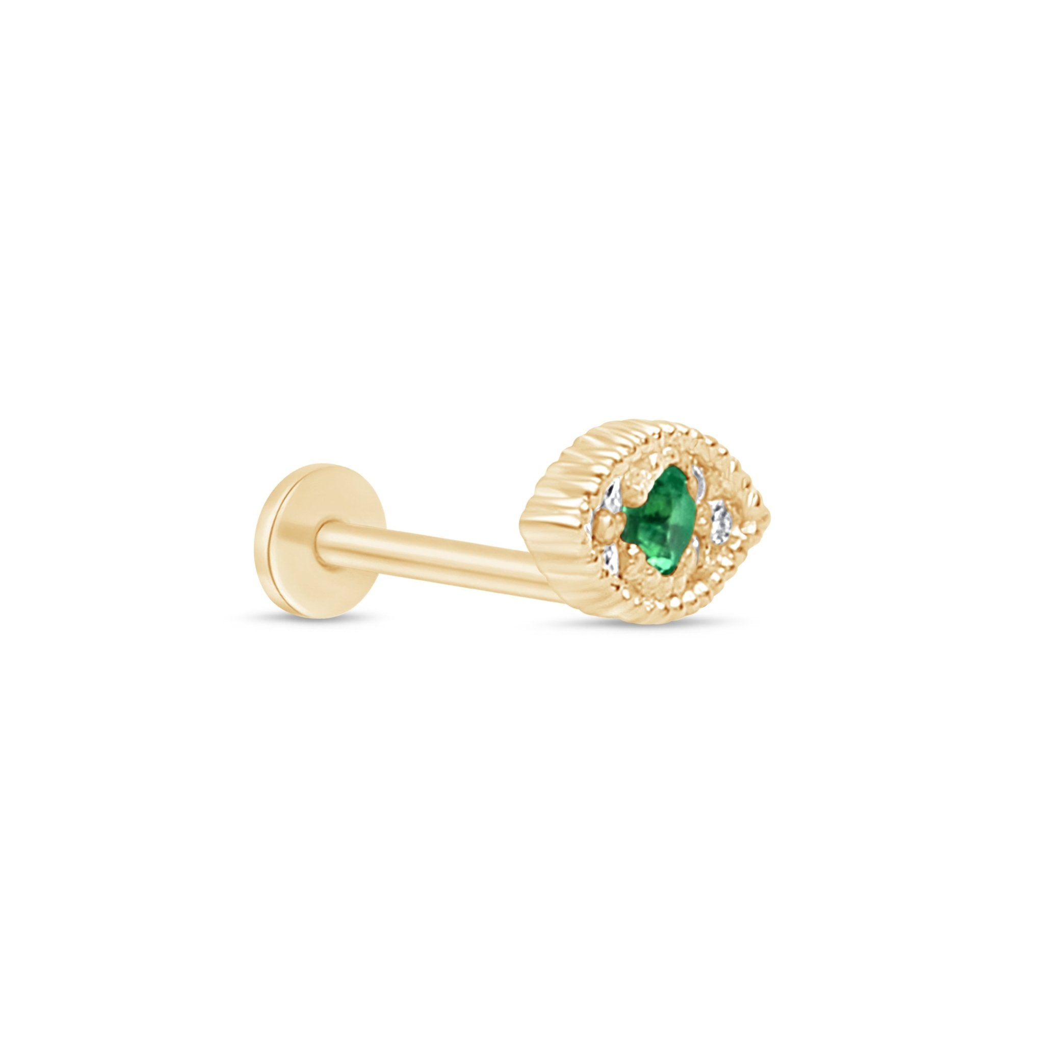 Emerald Evil Eye Flat Back Stud in Solid 14k Yellow Gold
