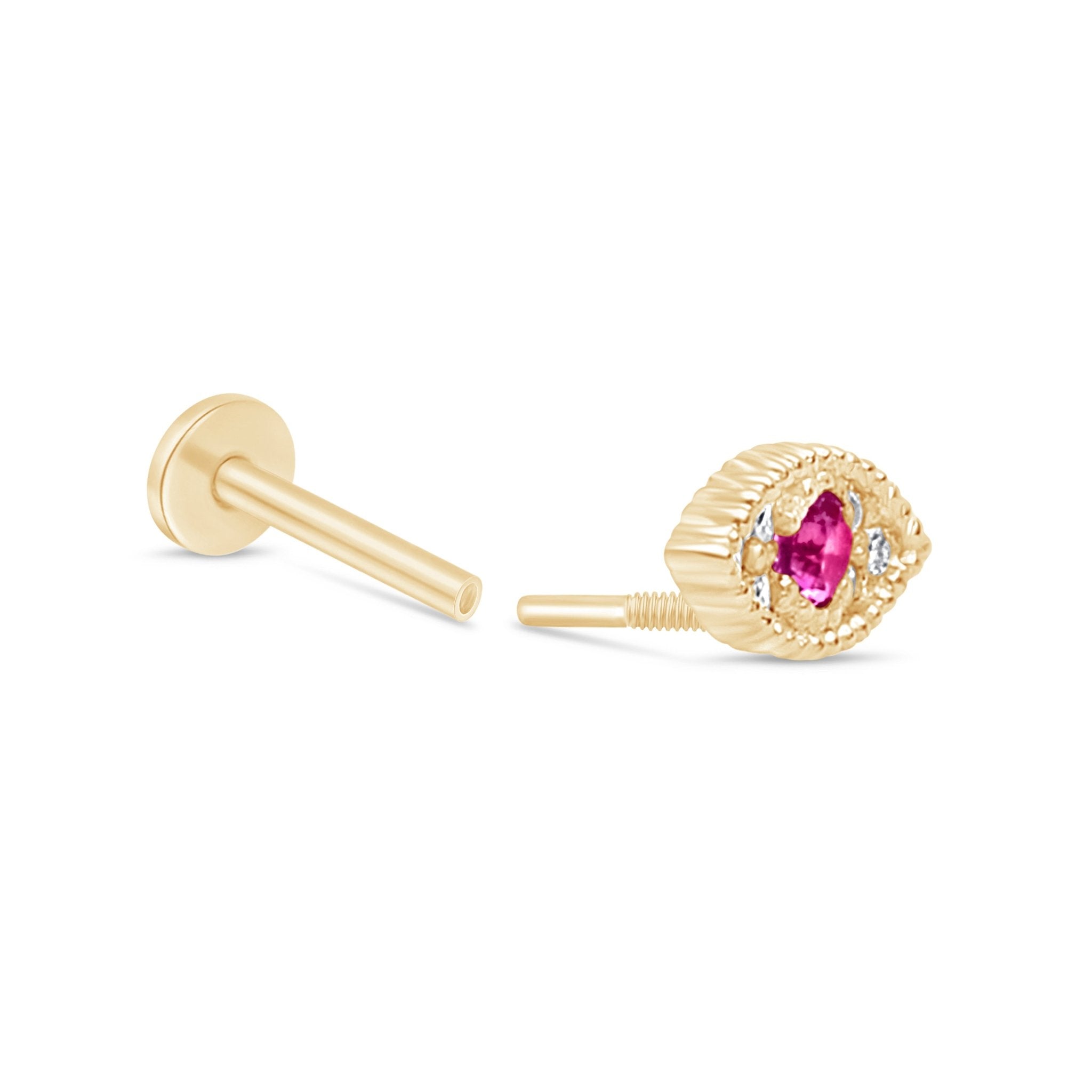 Ruby Evil Eye Flat Back Stud in Solid 14k Yellow Gold