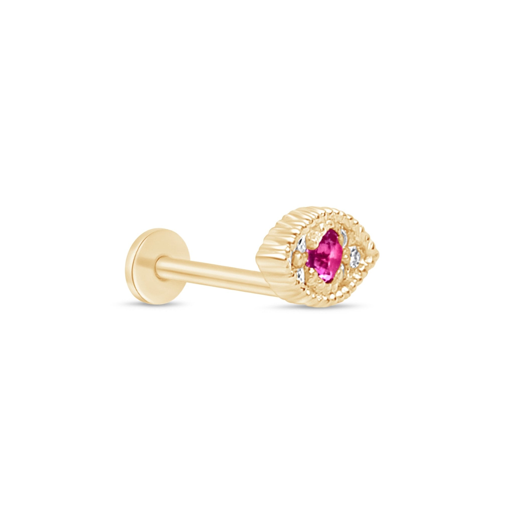 Ruby Evil Eye Flat Back Stud in Solid 14k Yellow Gold