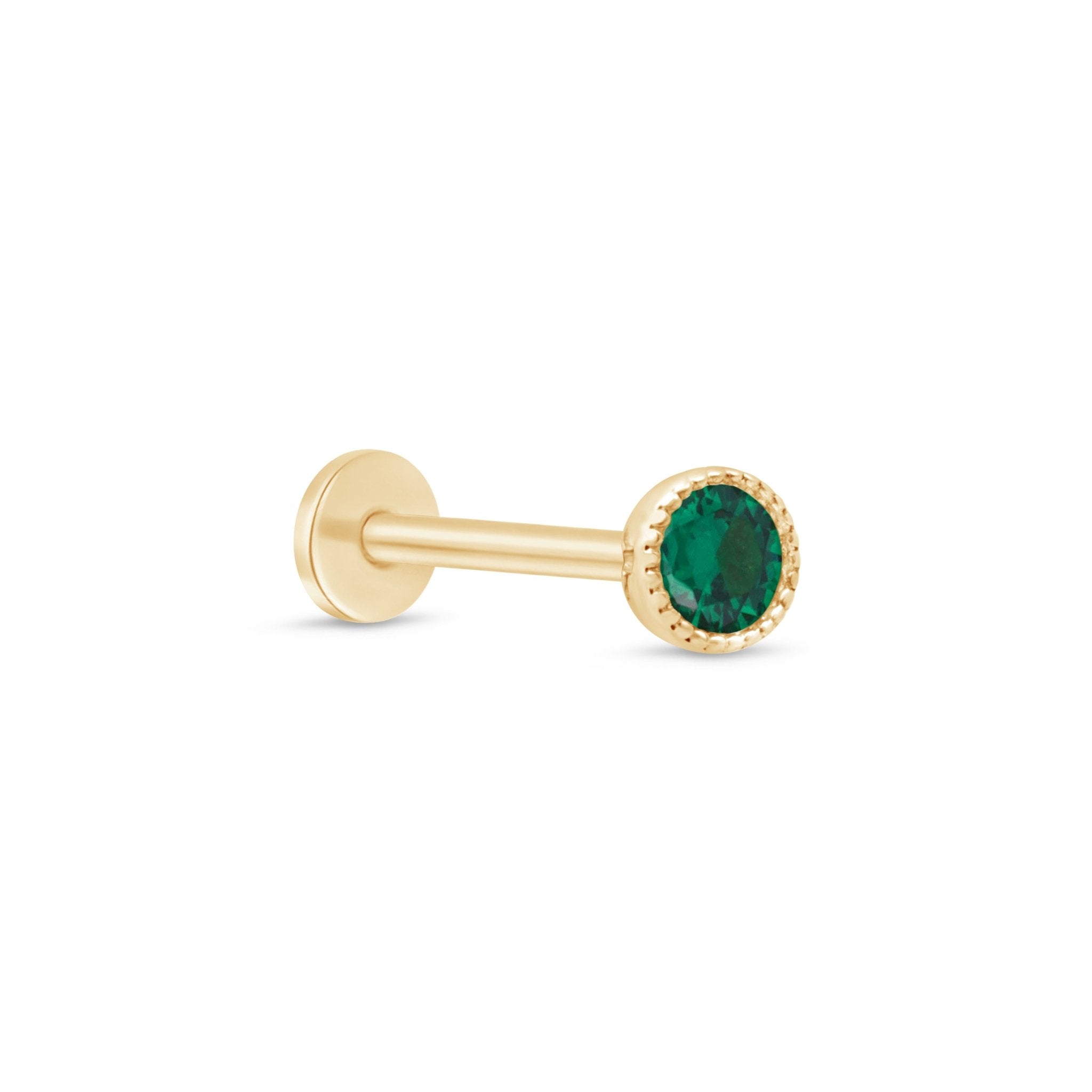 Emerald Flat Back Stud Milgrain Set in Solid 14k Yellow Gold
