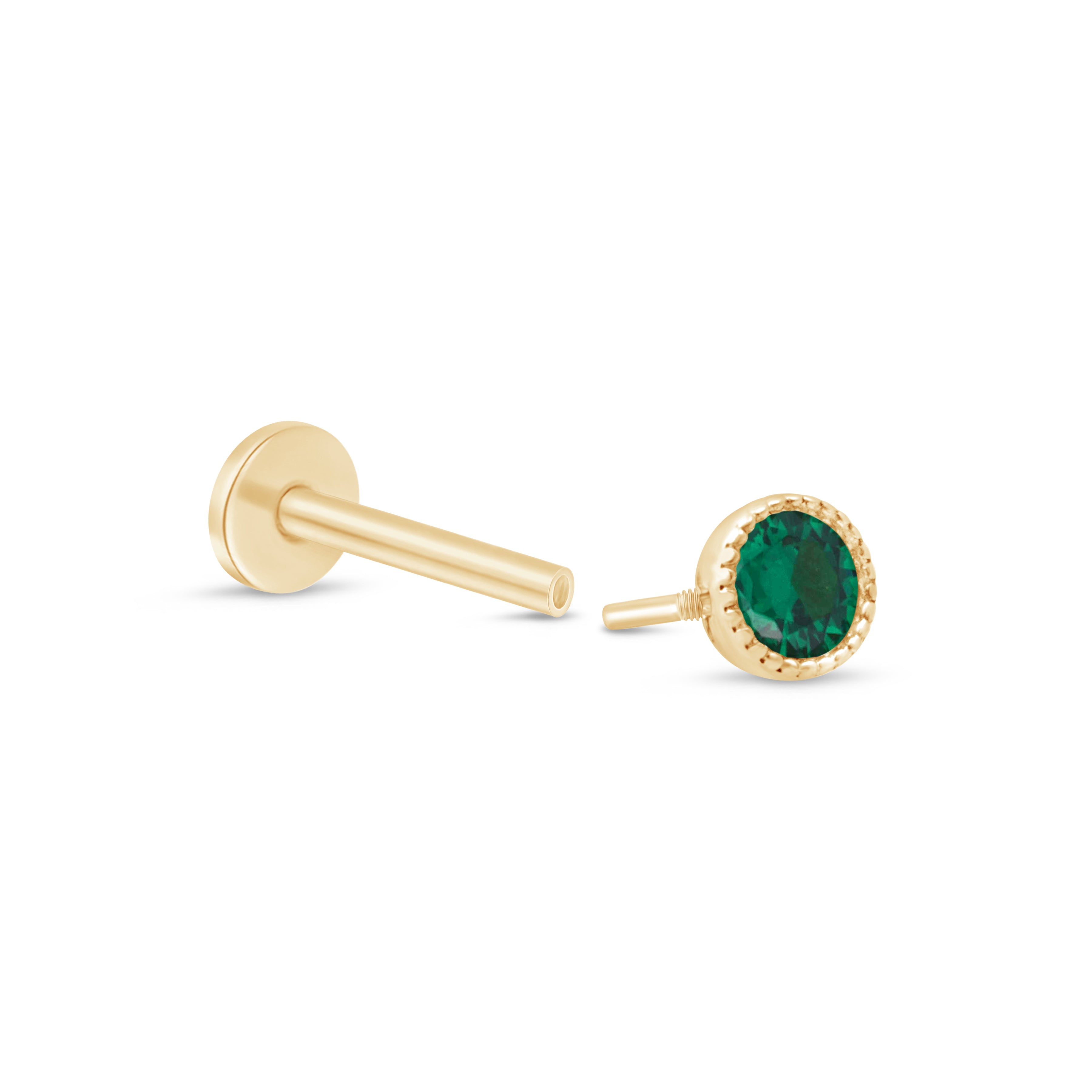 Emerald Flat Back Stud Milgrain Set in Solid 14k Yellow Gold