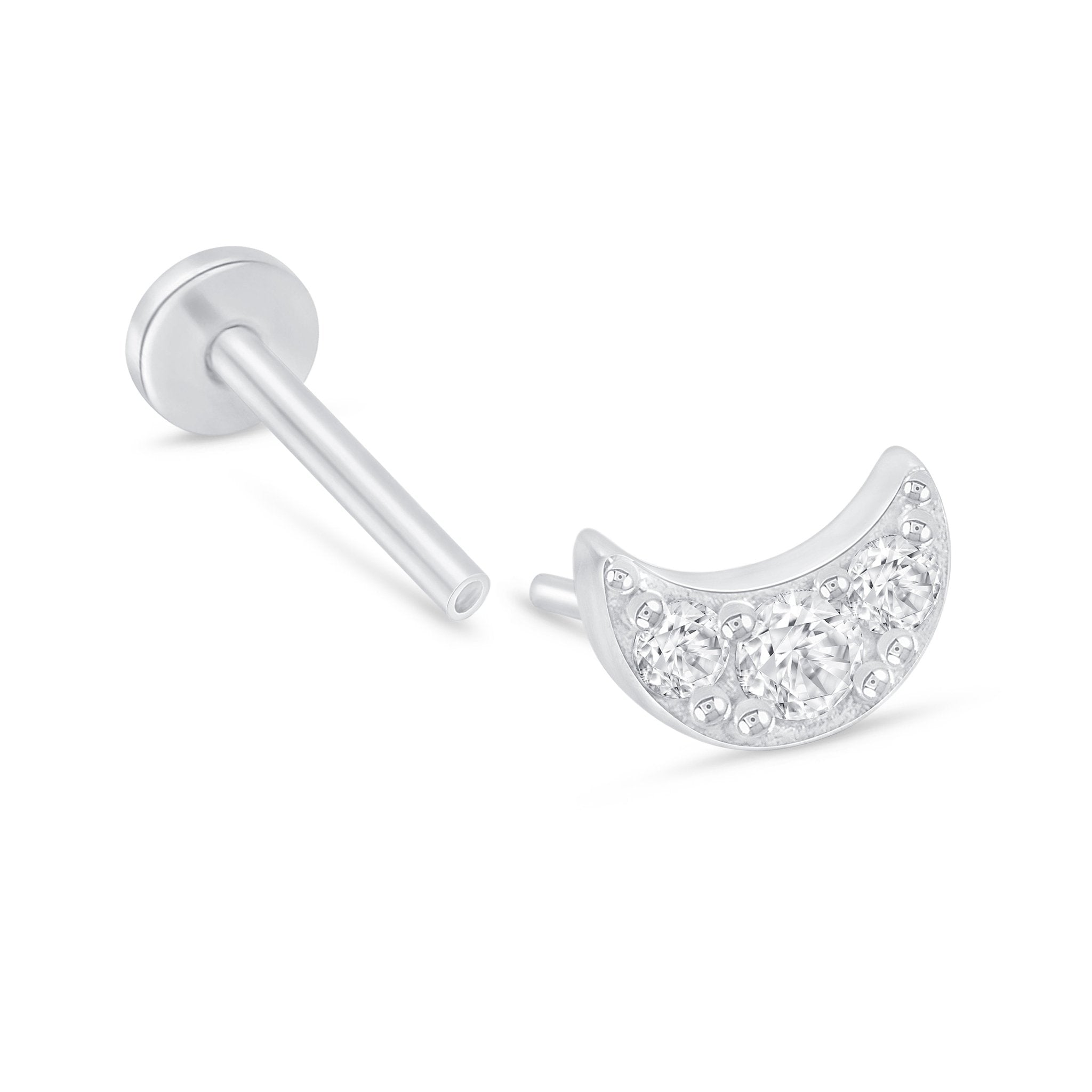 Stone Studded Crescent Moon Flat Back Stud in Solid 14k White Gold