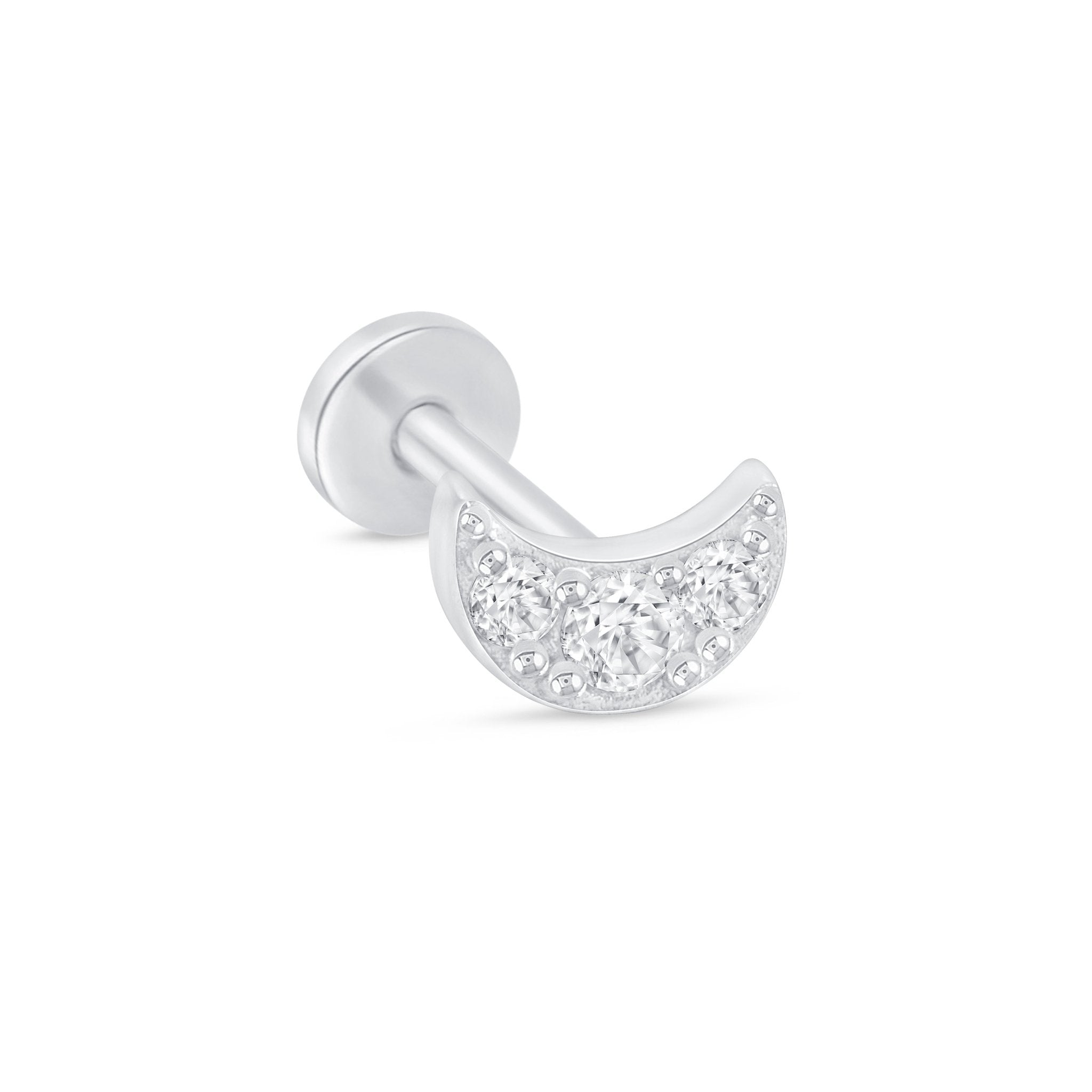 Stone Studded Crescent Moon Flat Back Stud in Solid 14k White Gold