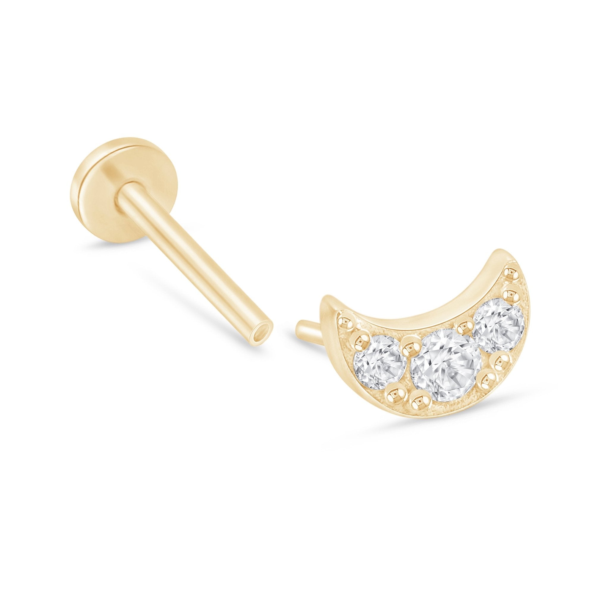 Gemstone Studded Crescent Moon Flat Back Stud in Solid 14k Yellow Gold