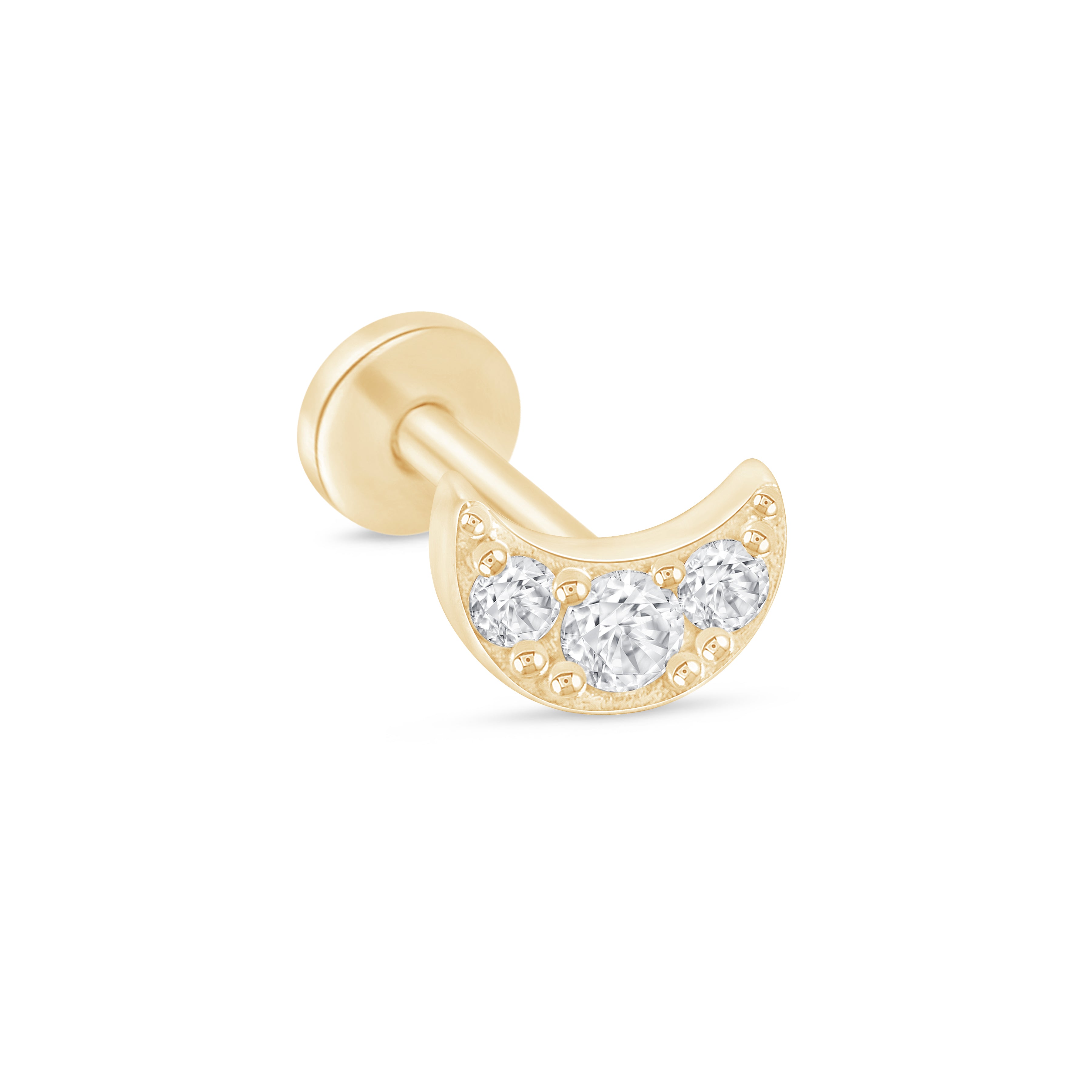 Gemstone Studded Crescent Moon Flat Back Stud in Solid 14k Yellow Gold