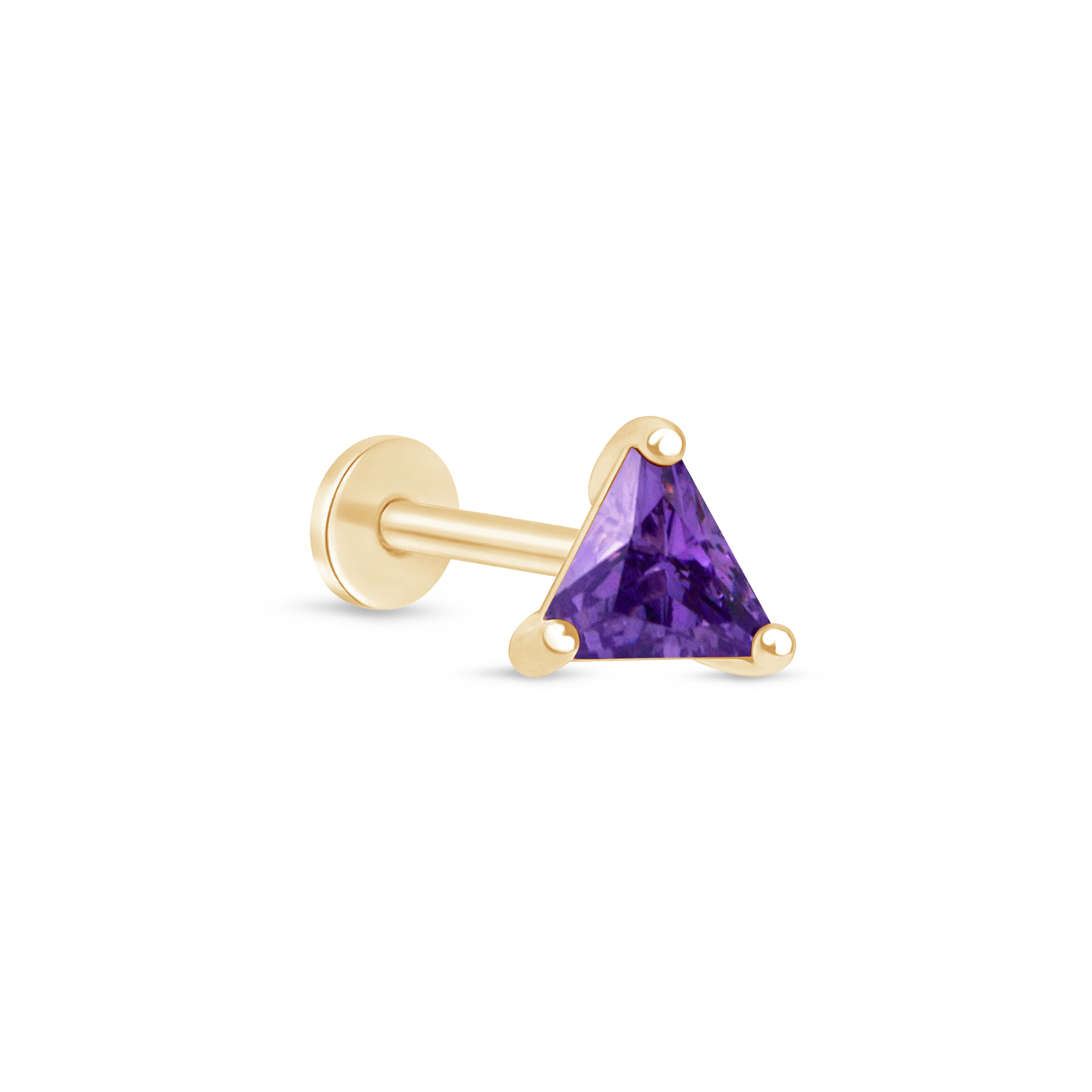 Triangle Cut Amethyst Flat Back Stud in Solid 14k Yellow Gold