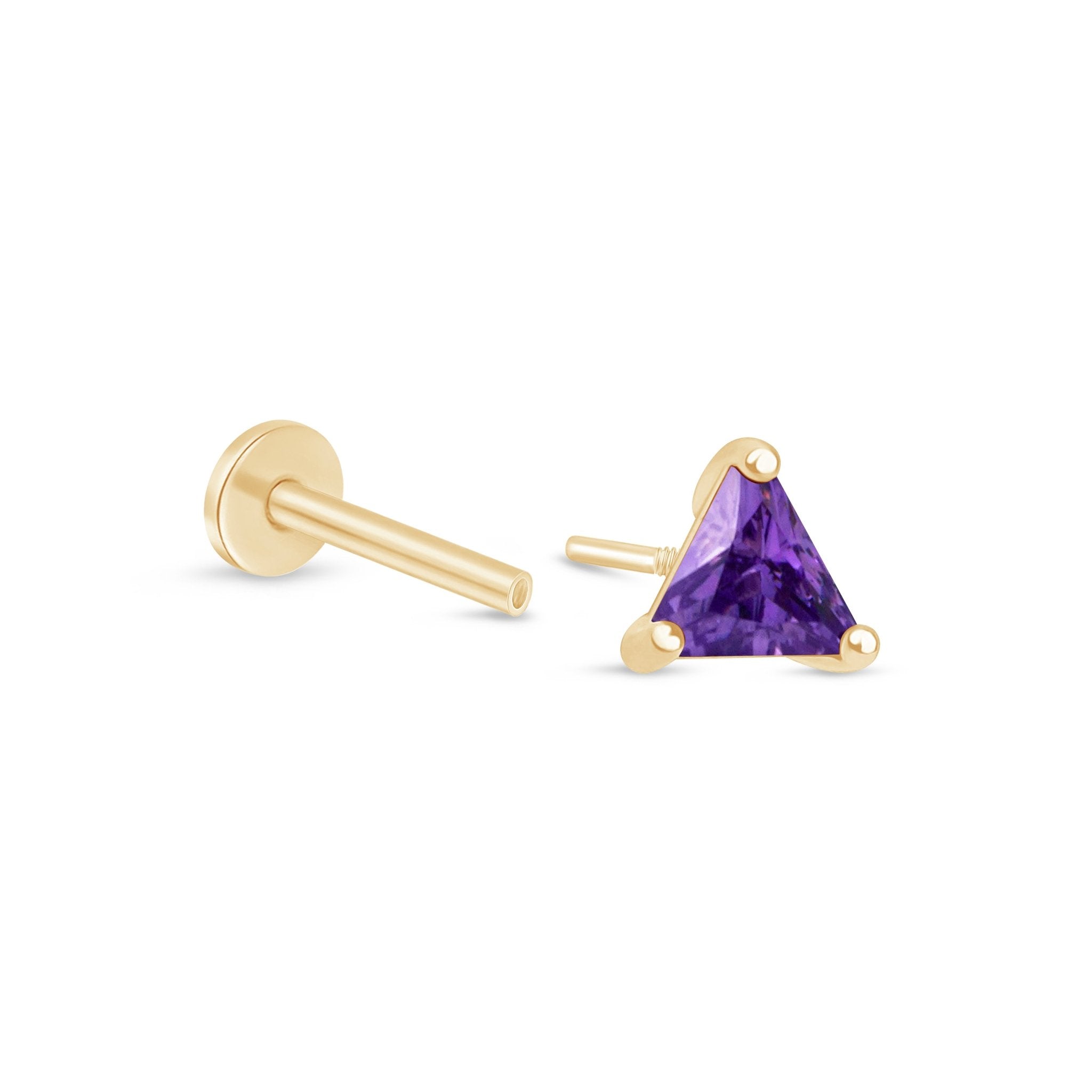 Triangle Cut Amethyst Flat Back Stud in Solid 14k Yellow Gold