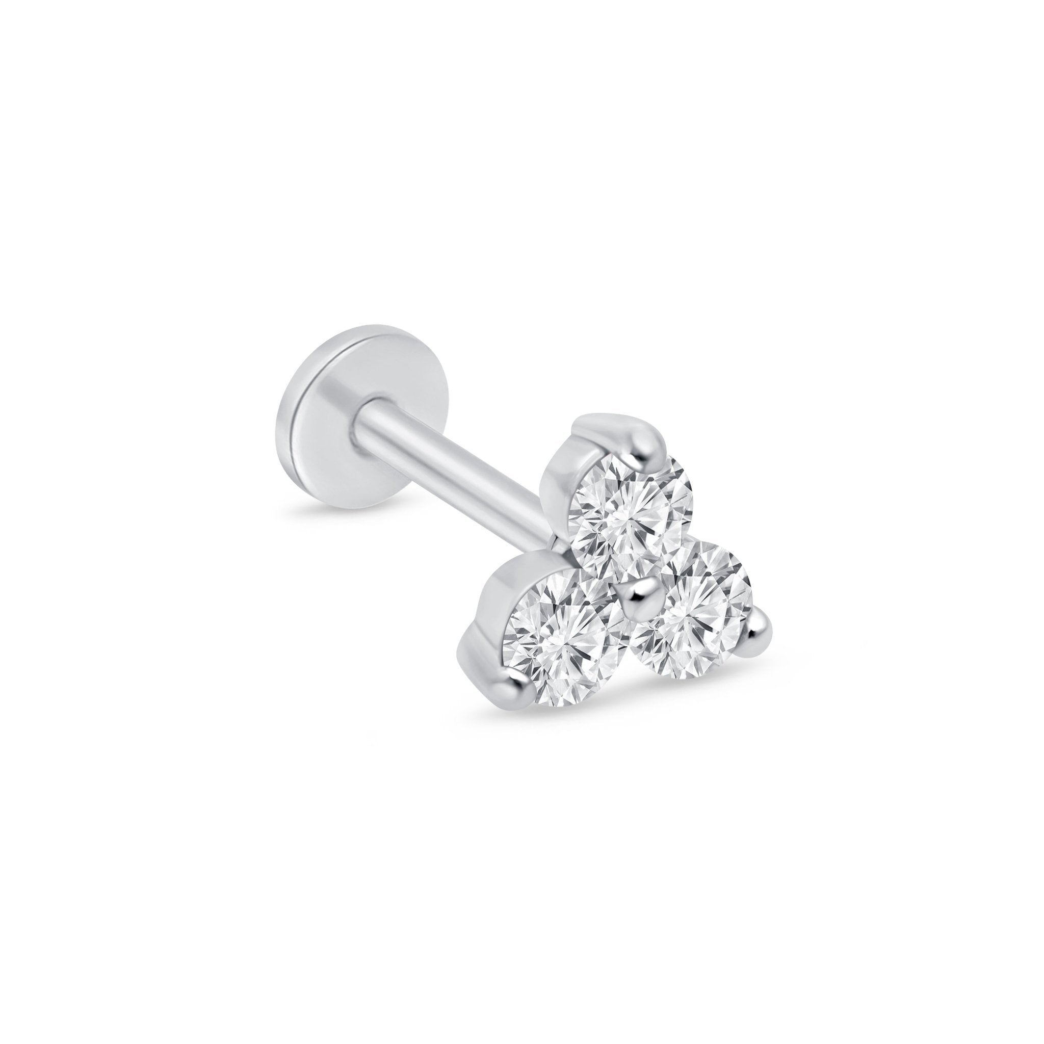 Diamond Trinity Cluster Flat Back Stud Earrings in Solid 14k White Gold