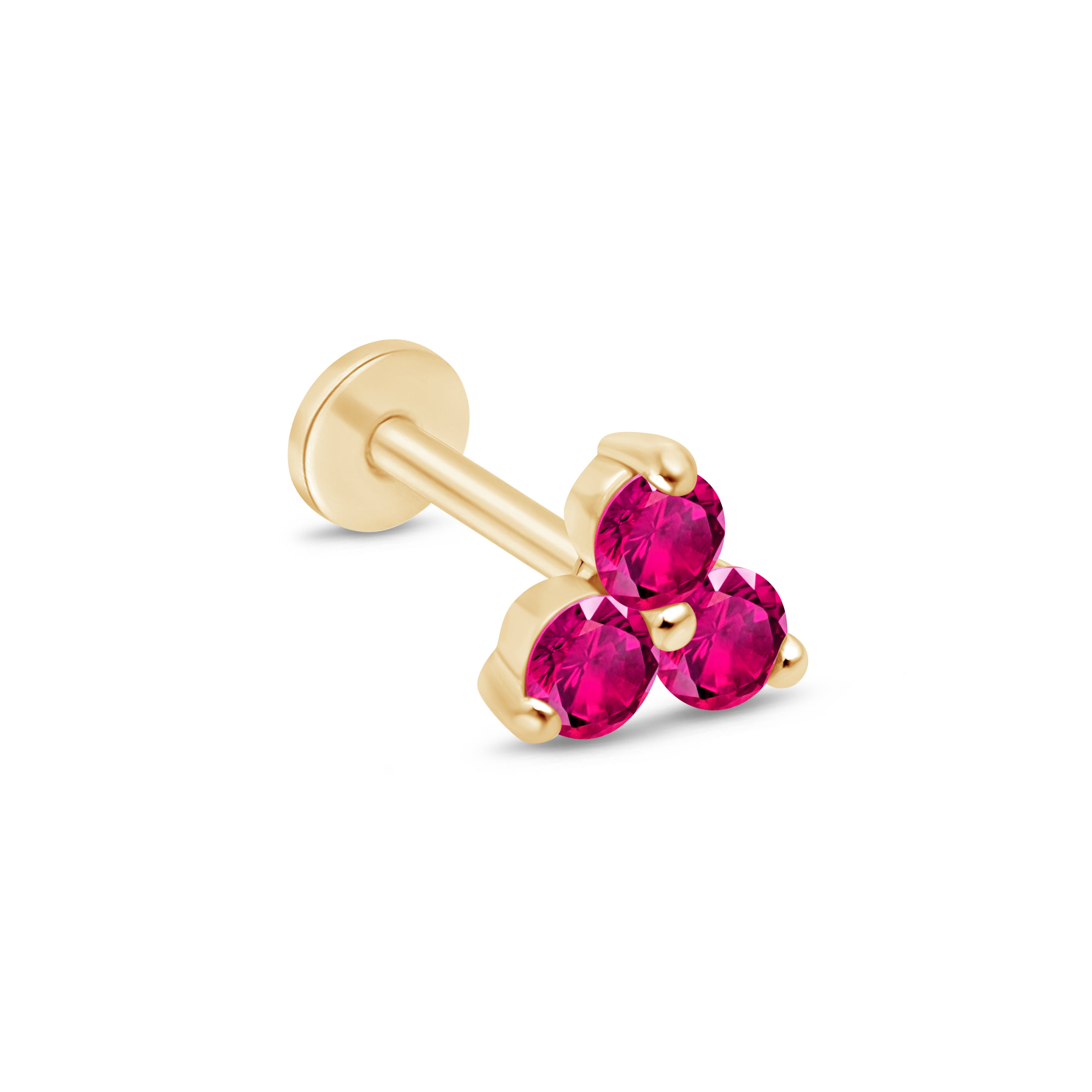 Pink Ruby Trinity Cluster Flat Back Stud Earrings in Solid 14k Yellow Gold