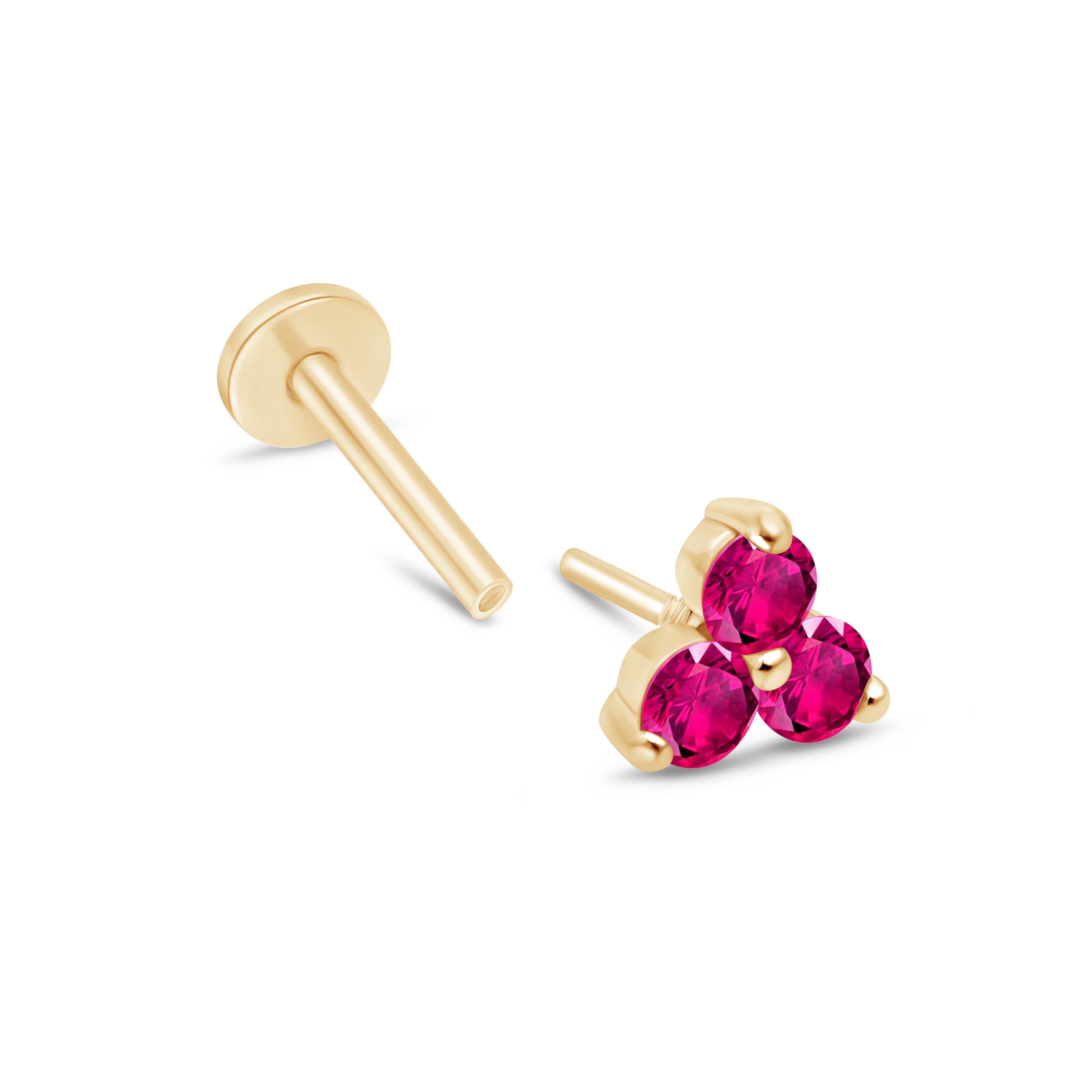Pink Ruby Trinity Cluster Flat Back Stud in Solid 14k Yellow Gold
