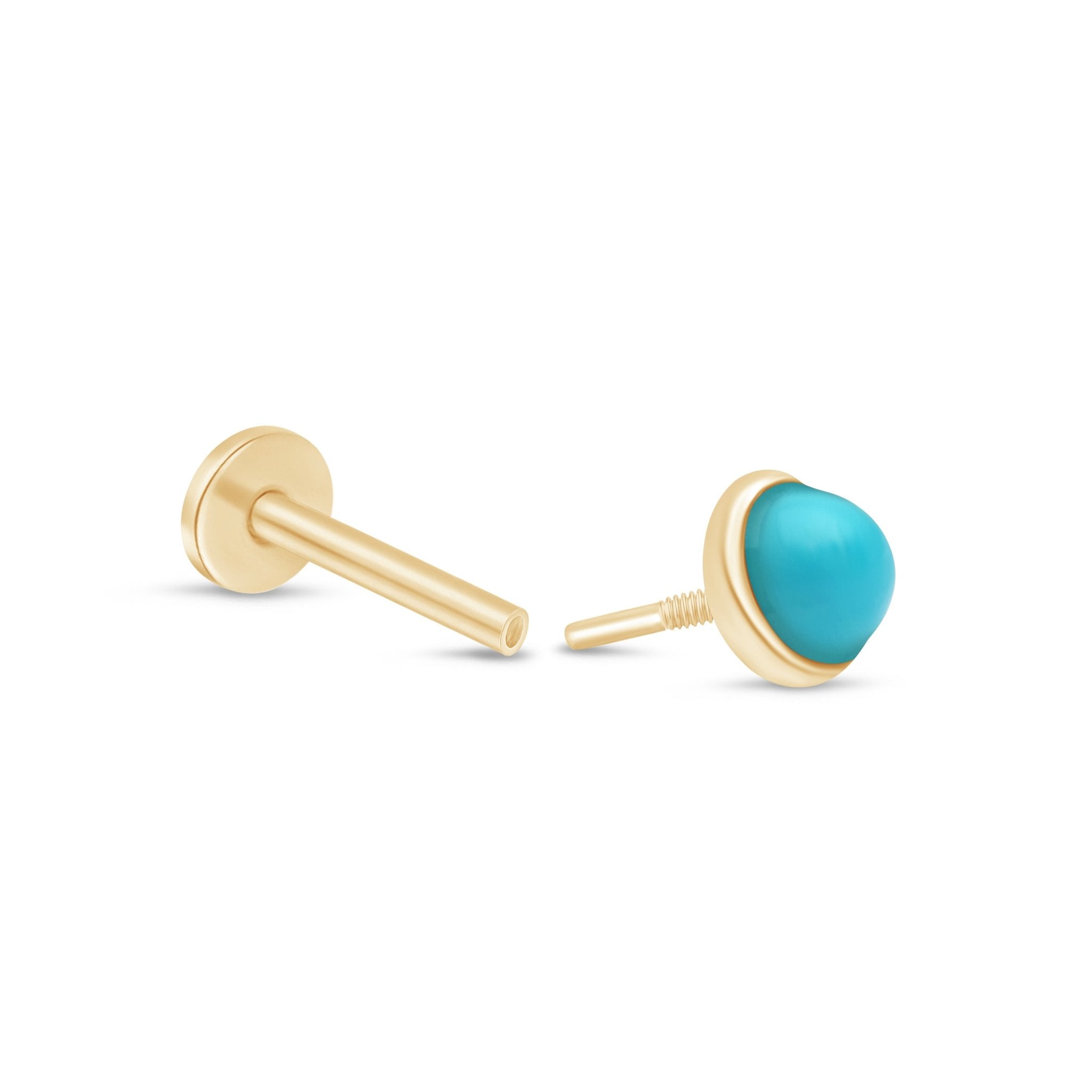 Round Turquoise Cabochon Flat Back Stud Bezel Set in Solid 14k Yellow Gold