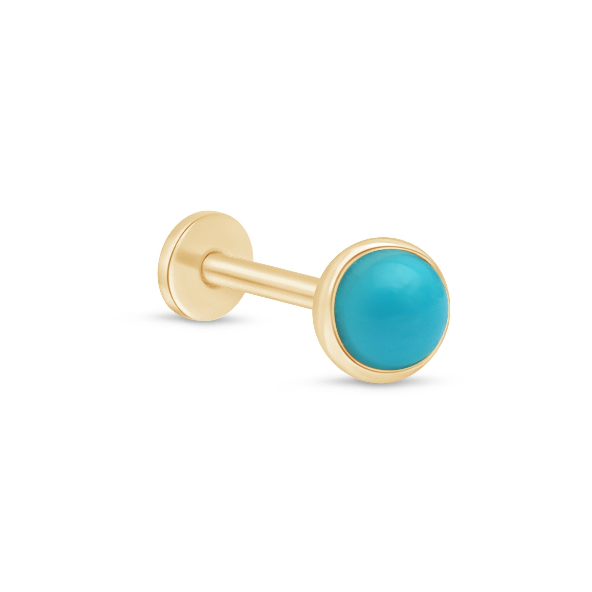Round Turquoise Cabochon Flat Back Stud Bezel Set in Solid 14k Yellow Gold