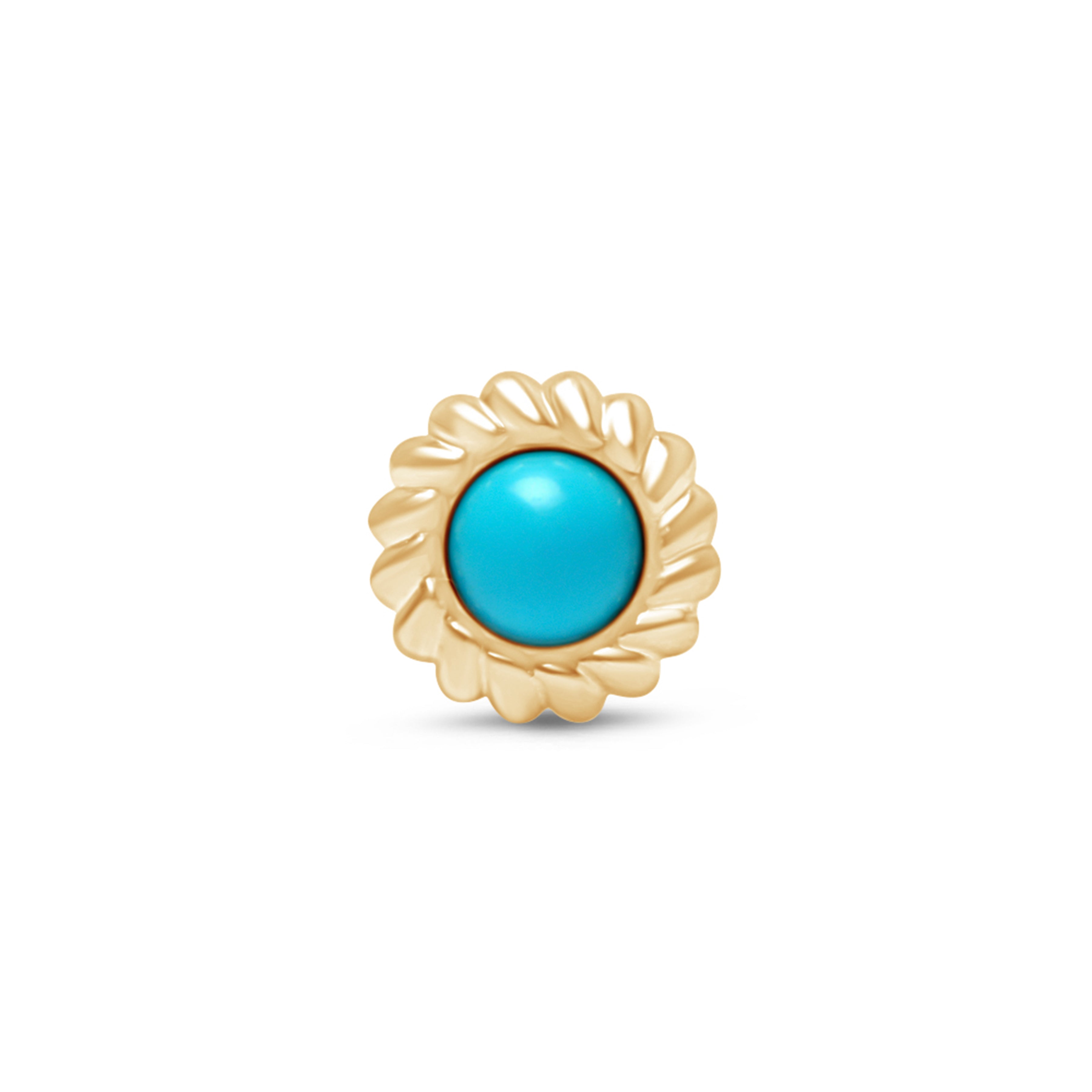 Round Turquoise Cabochon Flat Back Stud in Braided Bezel Set in Solid 14k Yellow Gold