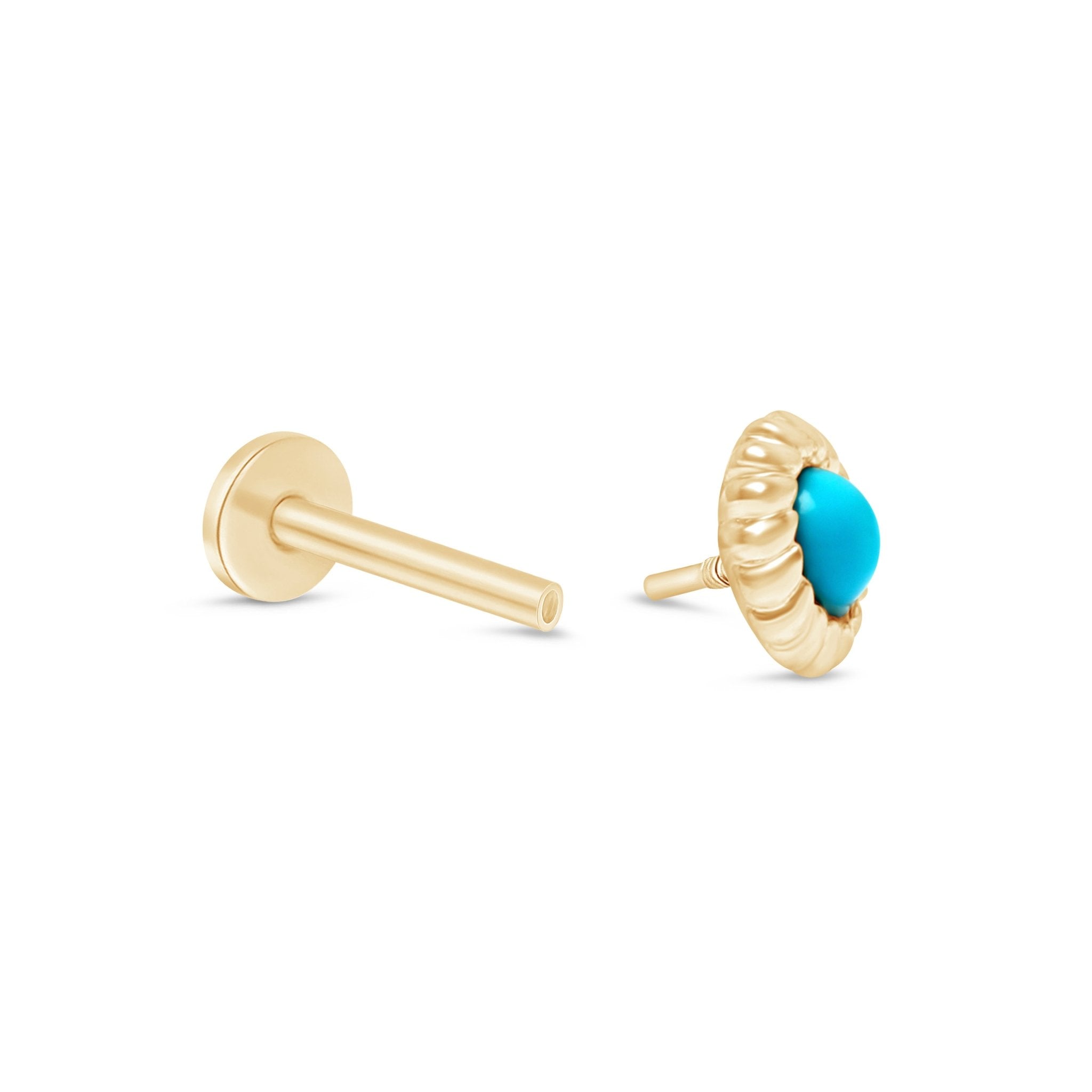 Round Turquoise Cabochon Flat Back Stud in Braided Bezel Set in Solid 14k Yellow Gold