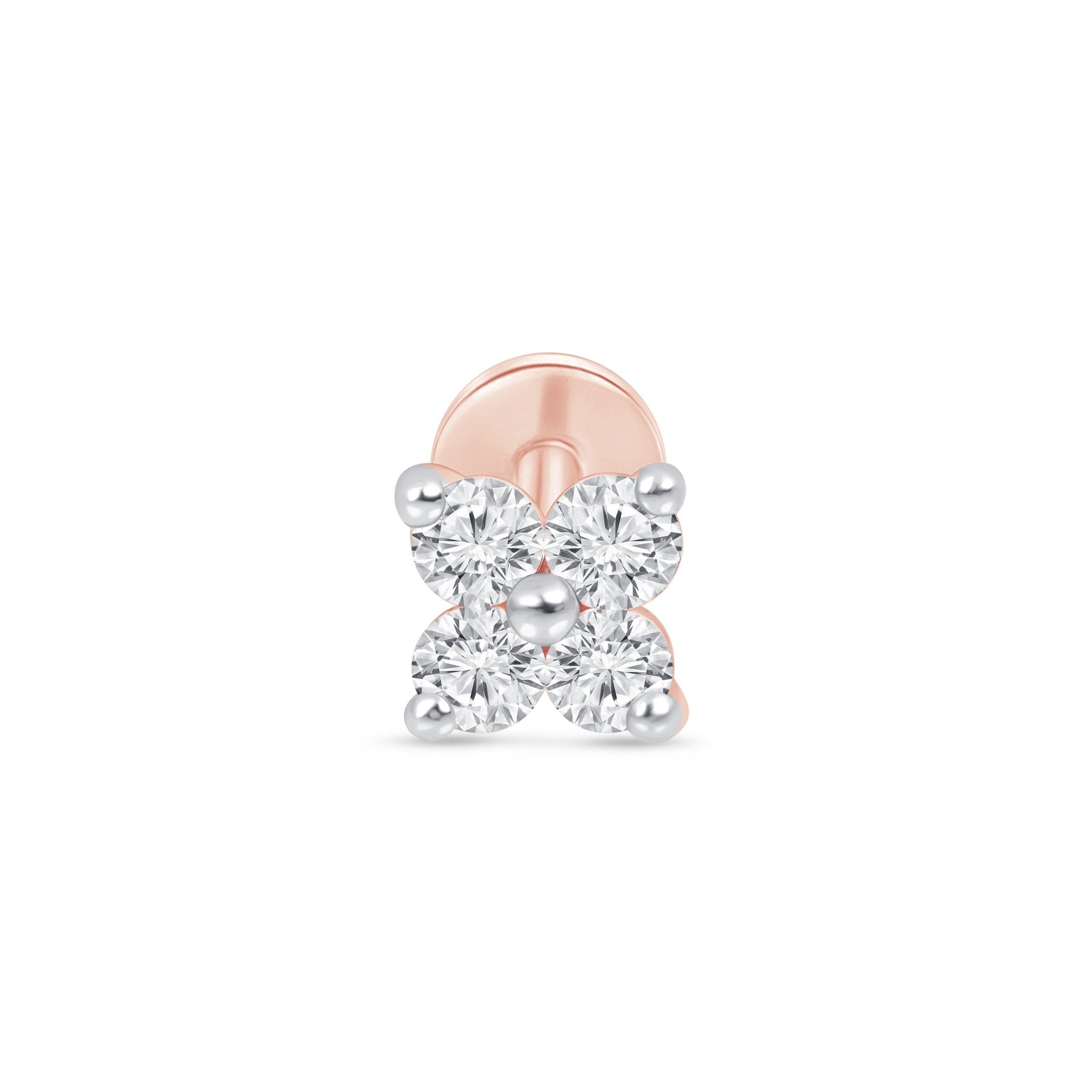 Diamond Four Petal Flower Flat Back Stud in Solid 14k Rose Gold