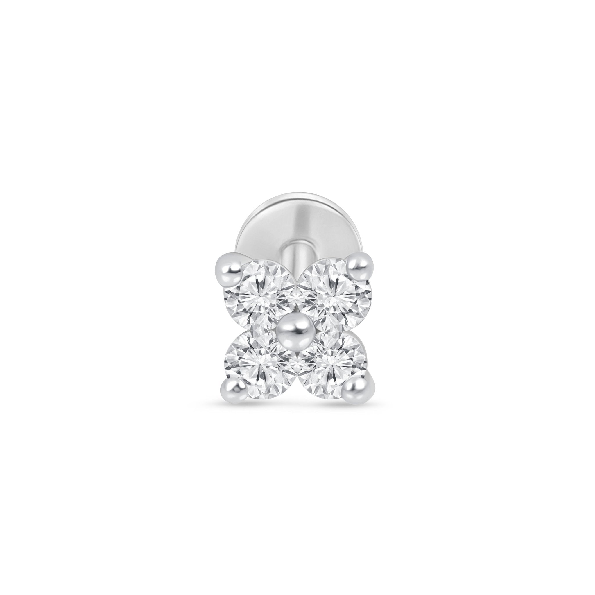 Diamond Four Petal Flower Flat Back Stud in Solid 14k White Gold