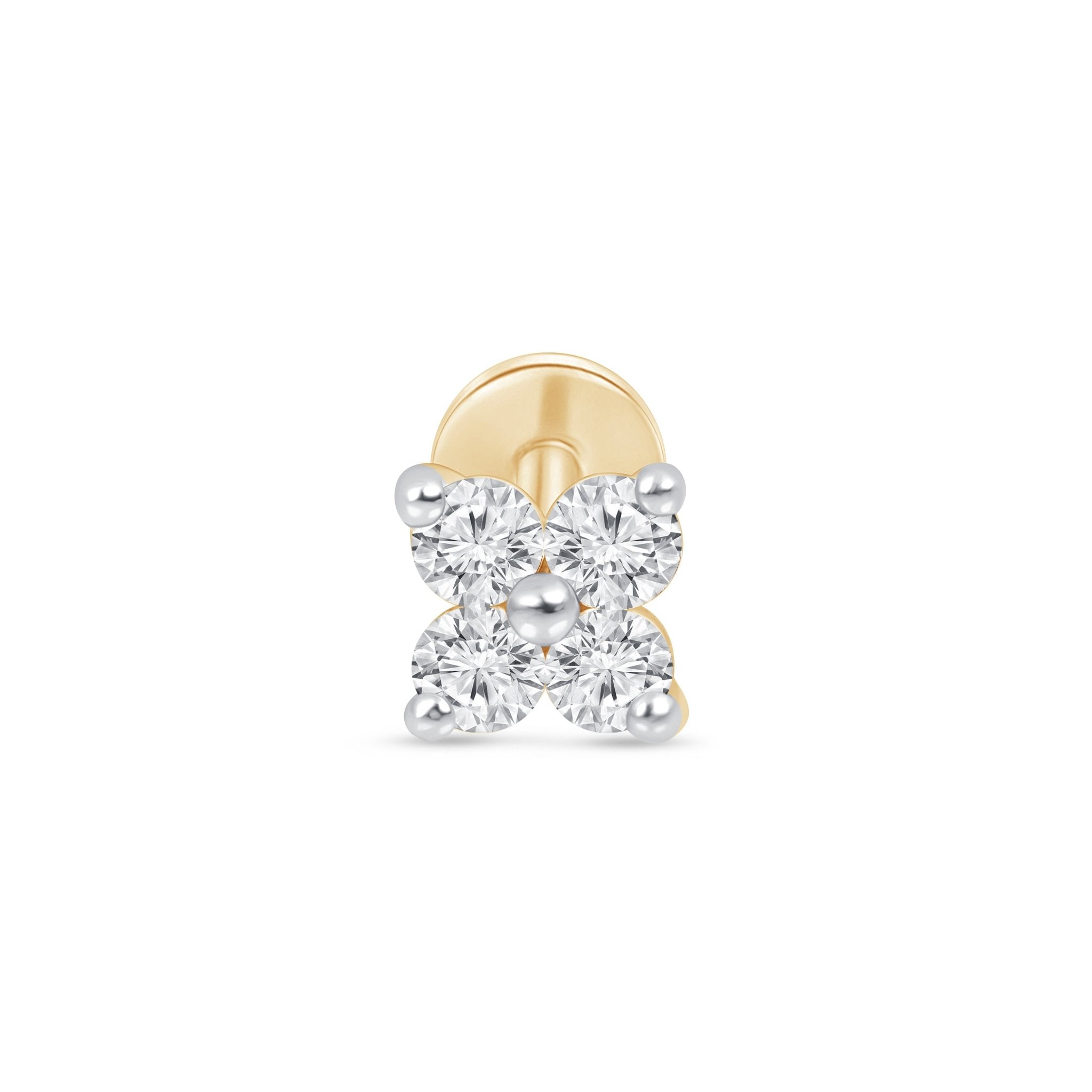 Diamond Four Petal Flower Flat Back Stud in Solid 14k Yellow Gold