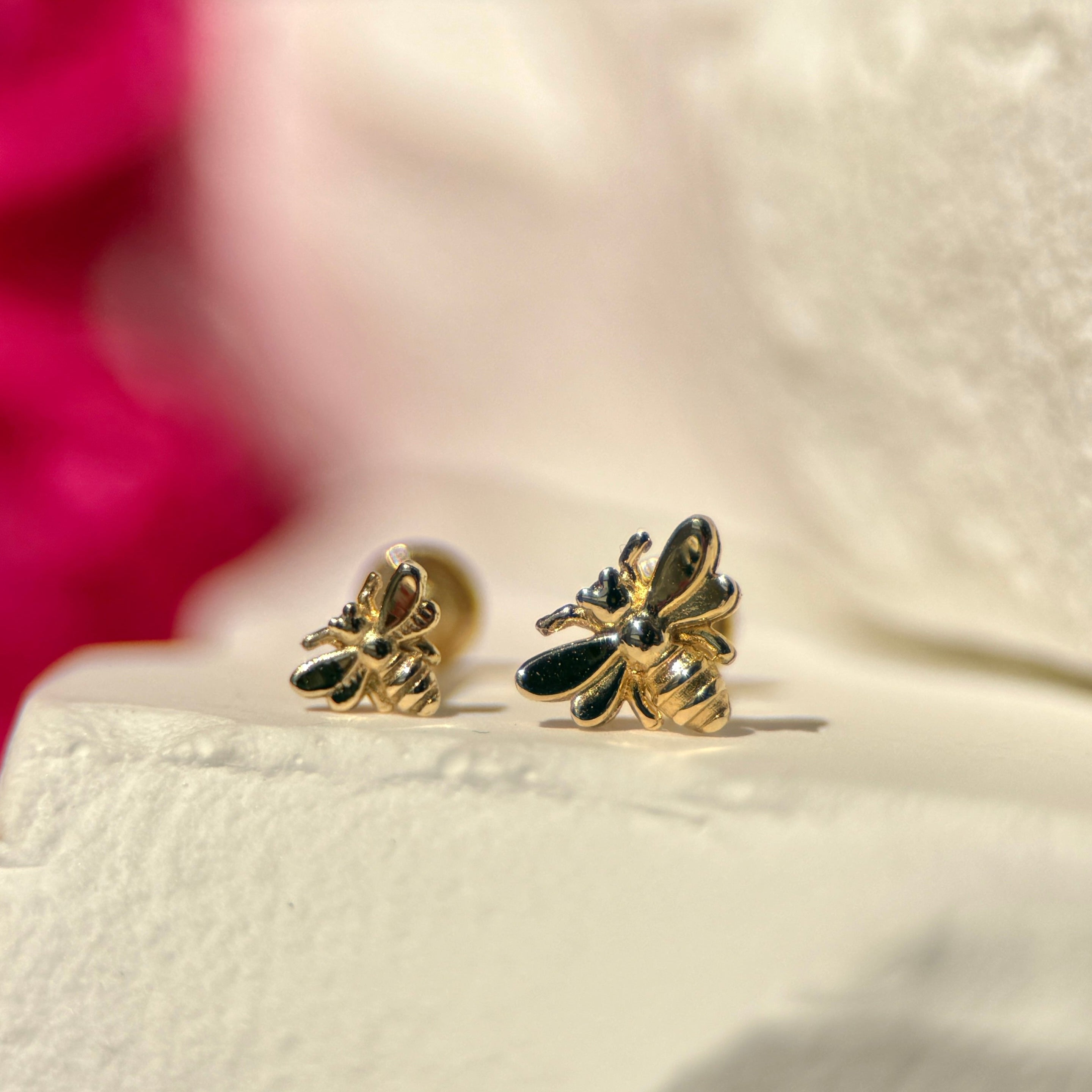 Minimalist Bee Flat Back Stud in Solid 14k Yellow Gold