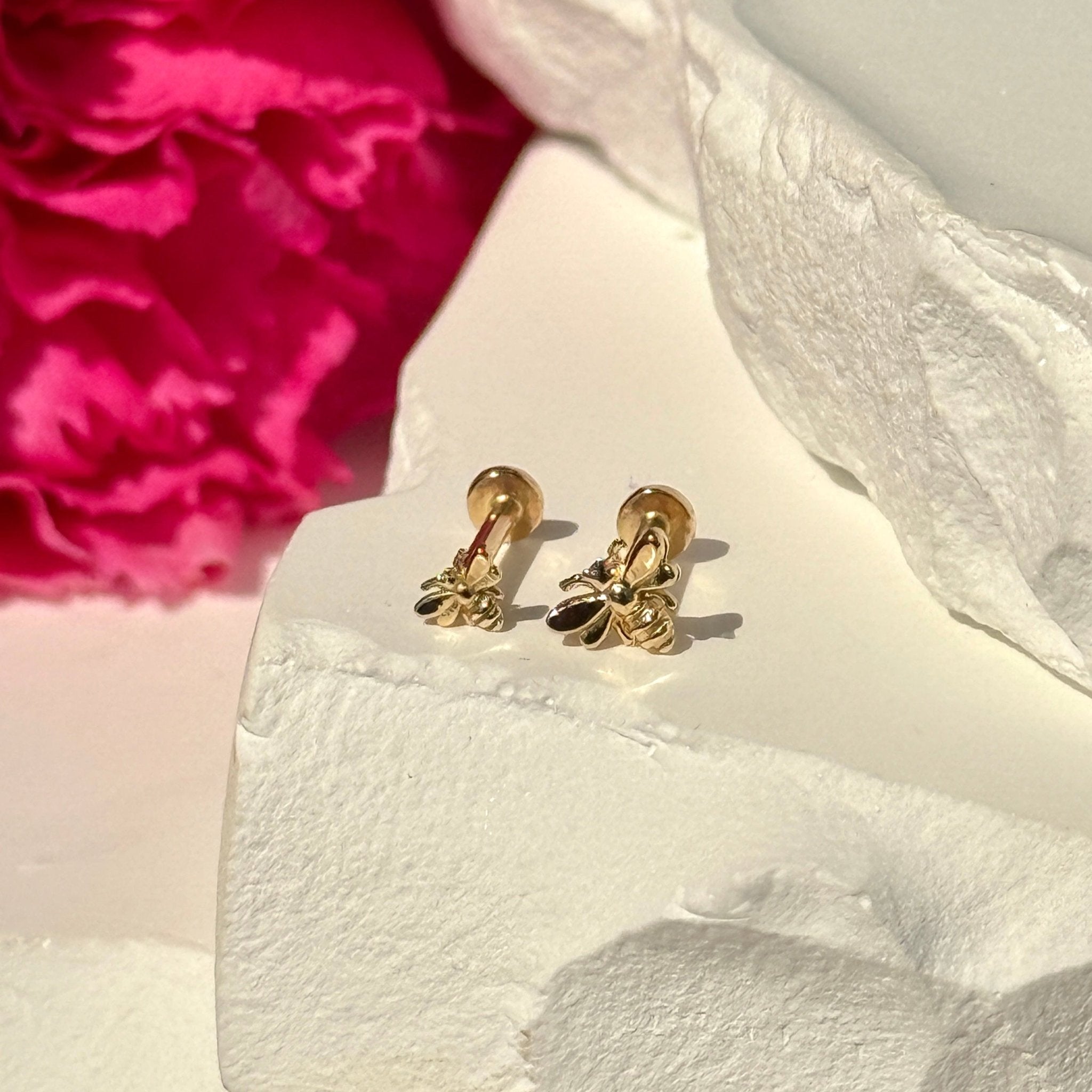Minimalist Bee Flat Back Stud in Solid 14k Yellow Gold