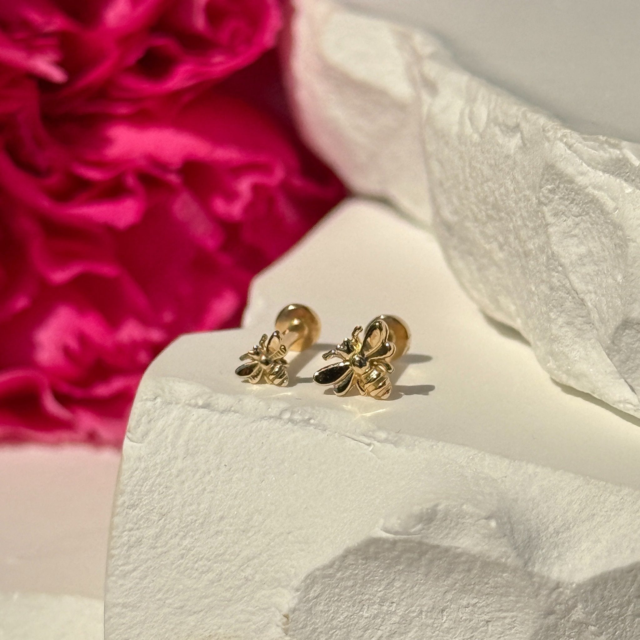 Minimalist Bee Flat Back Stud in Solid 14k Yellow Gold