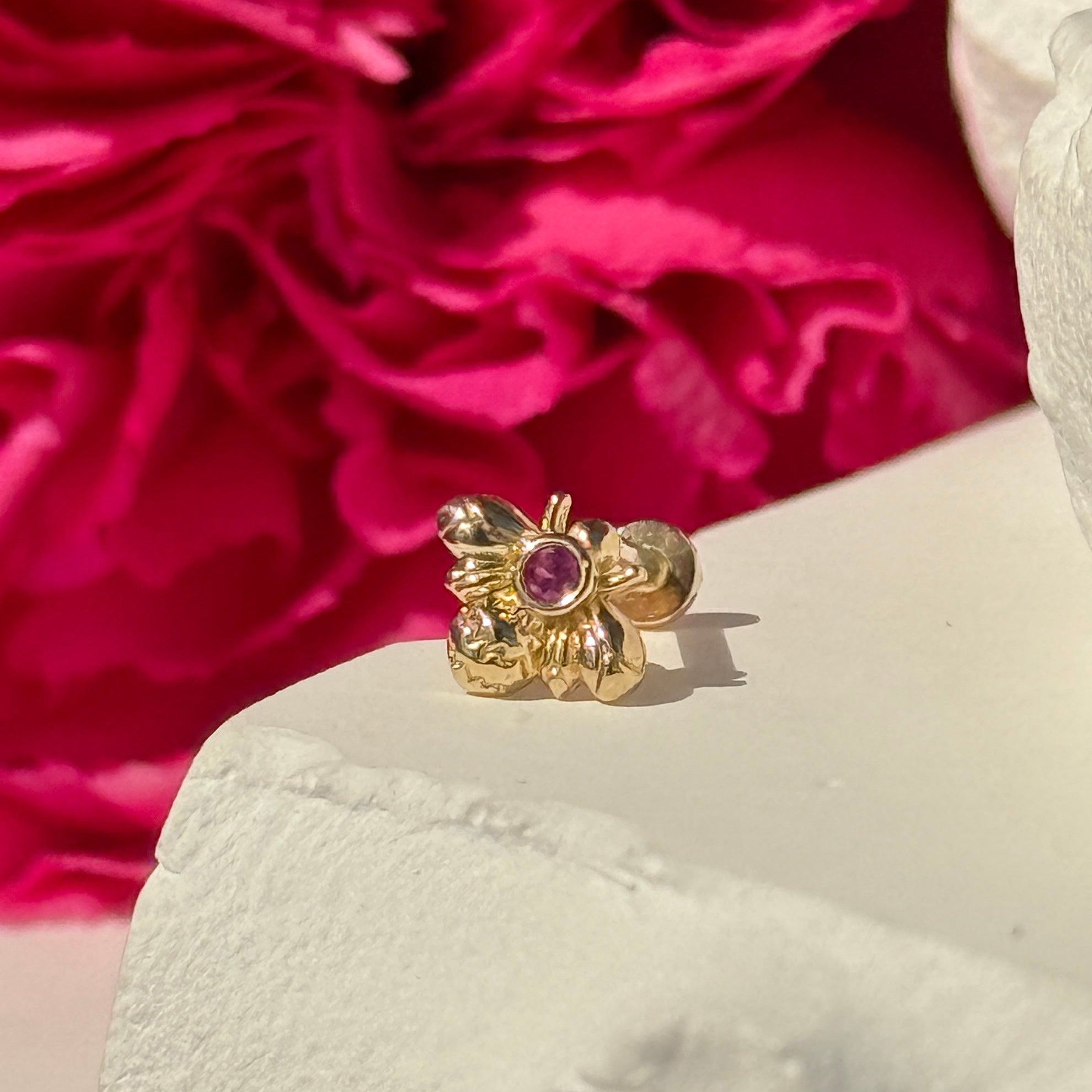Pink Ruby Bee Flat Back Stud in Solid 14k Yellow Gold