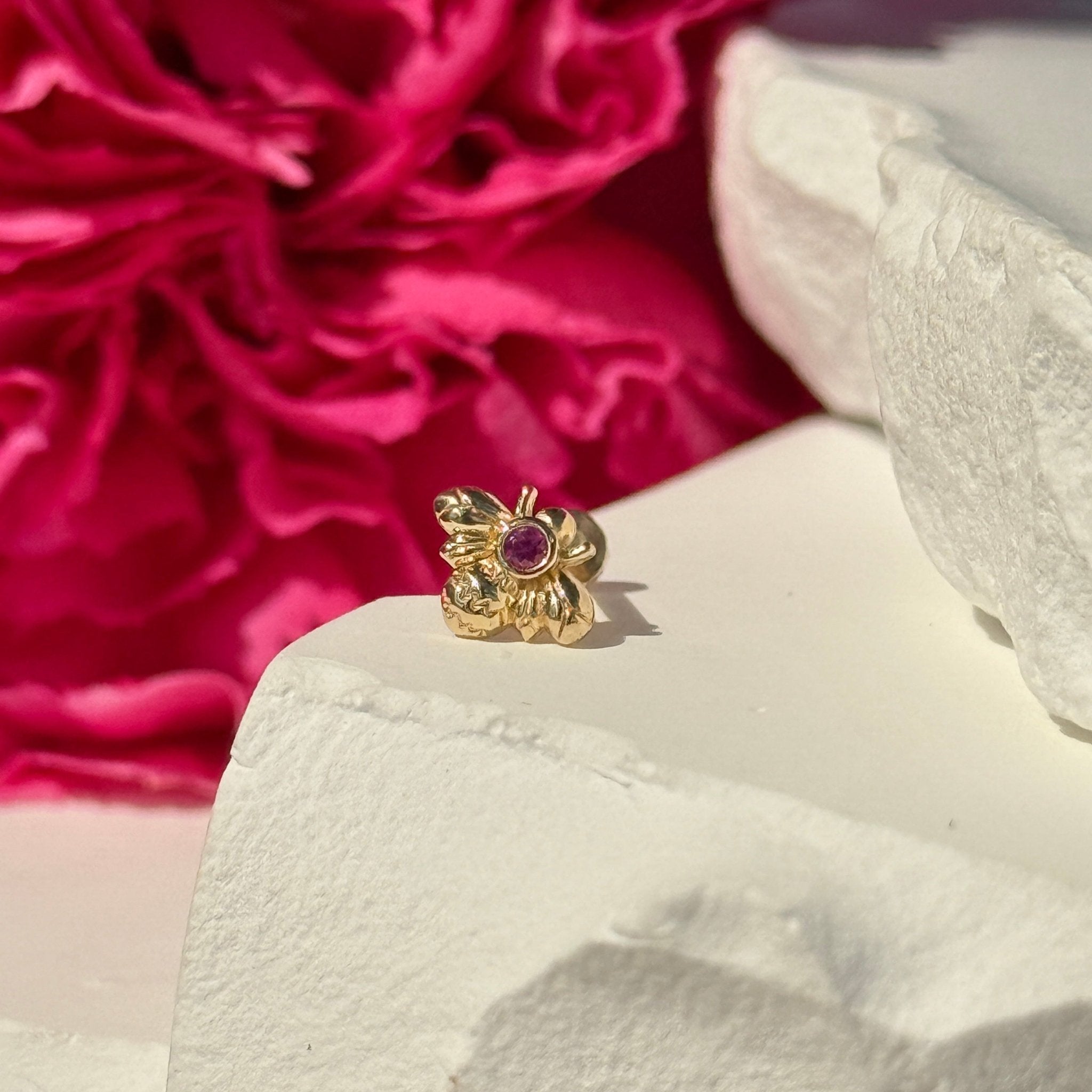 Pink Ruby Bee Flat Back Stud in Solid 14k Yellow Gold
