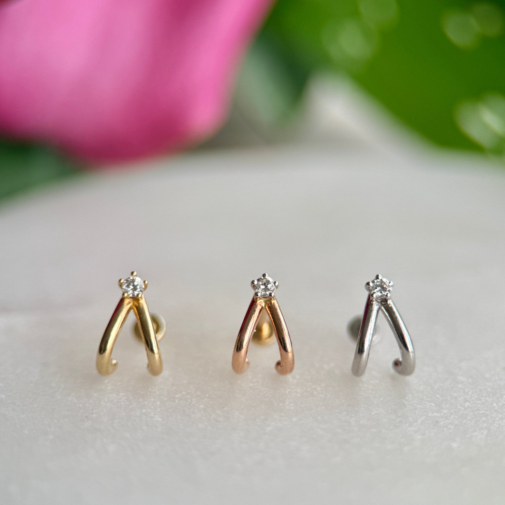 Diamond Double Suspender Flat Back Stud in Solid 14k White Gold