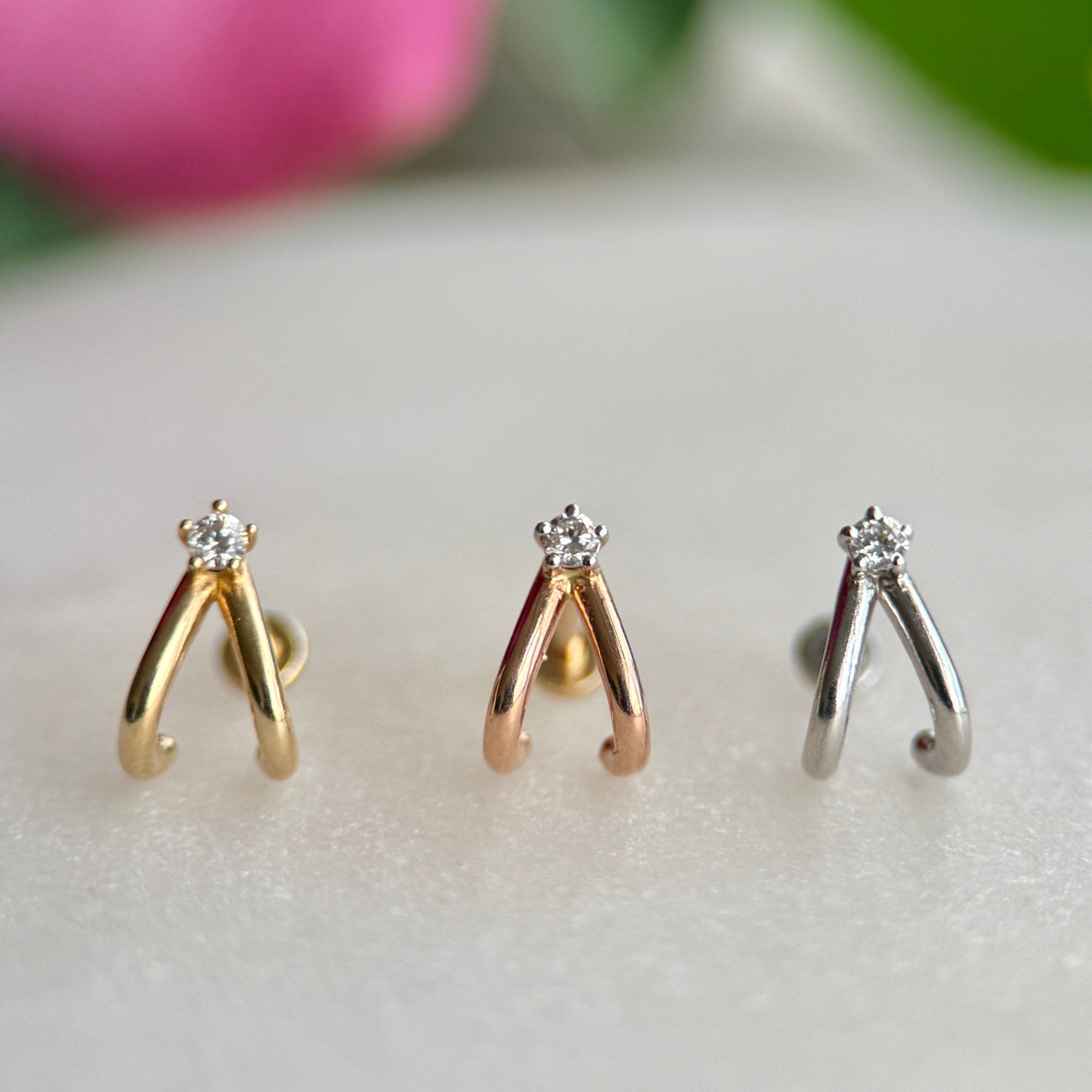 Diamond Double Suspender Flat Back Stud in Solid 14k Yellow Gold