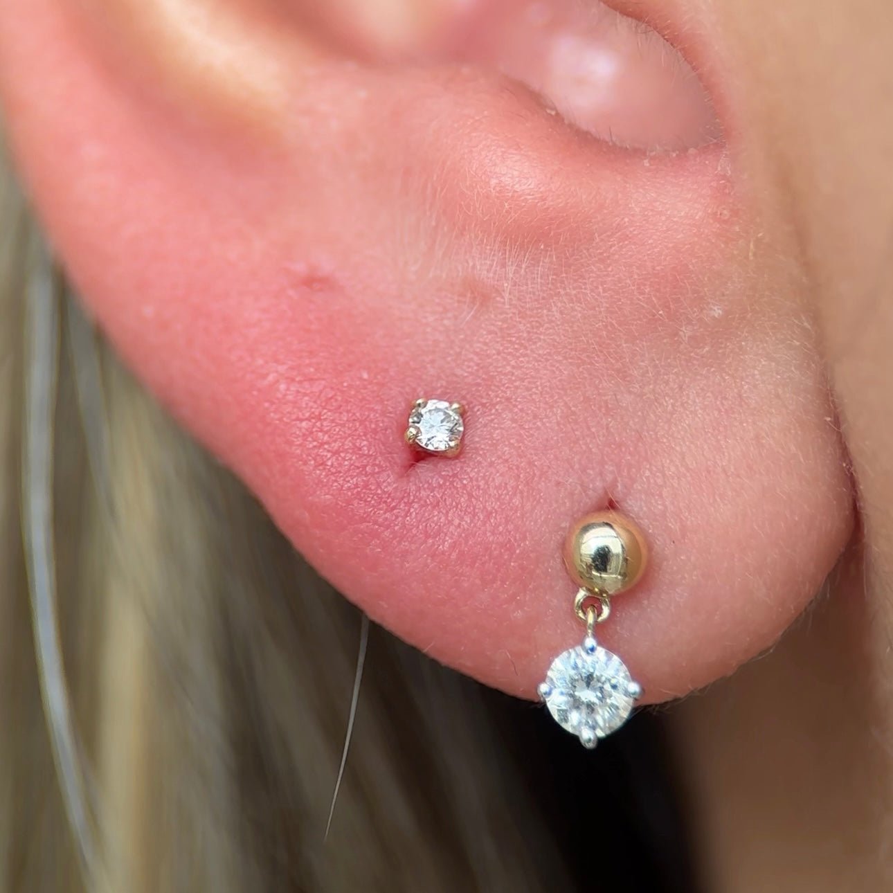 Diamond Threaded Flat Back Stud in Solid 14k Yellow Gold