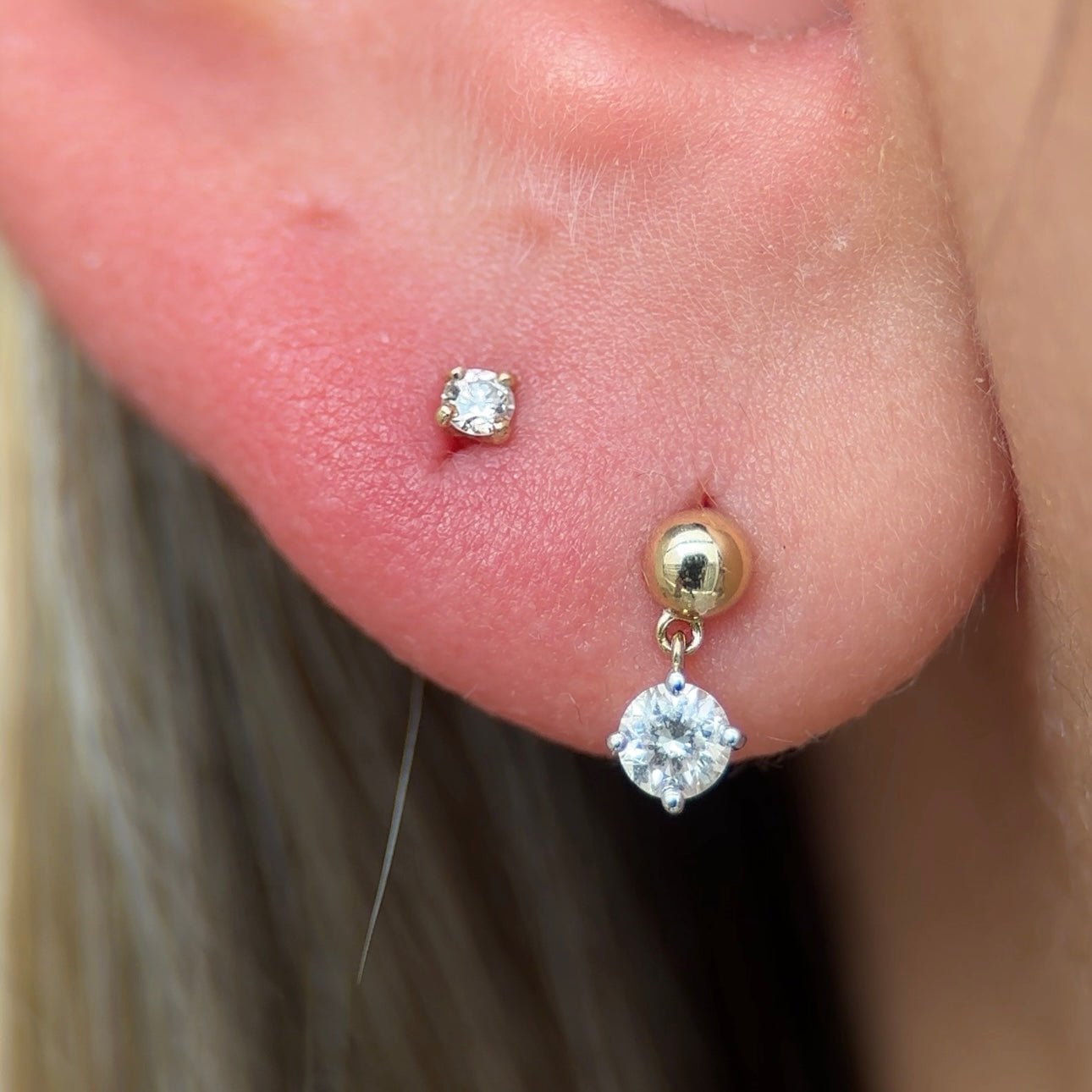Solitaire Diamond Drop Flat Back Stud in Solid 14k Yellow Gold