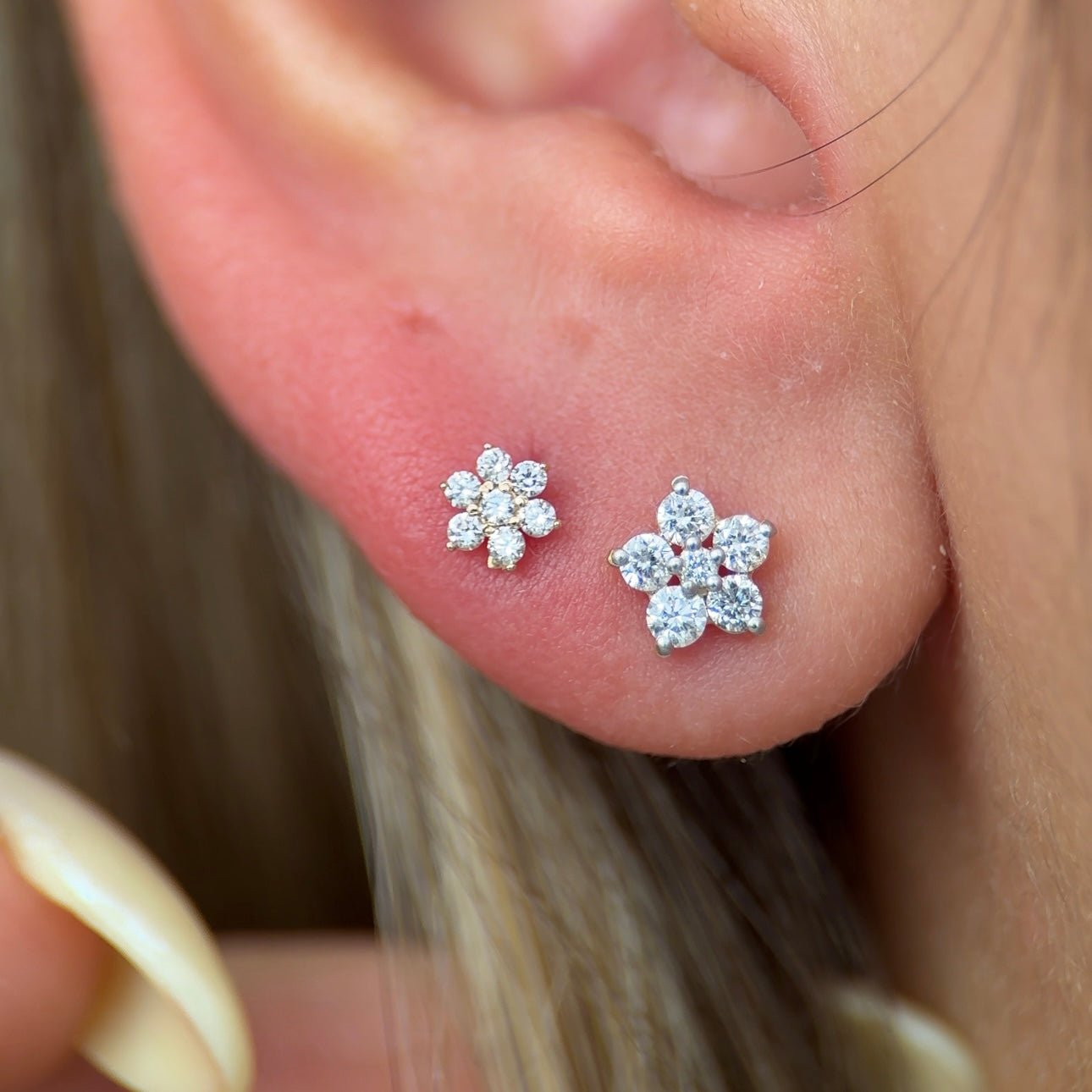 Diamond Flower Flat Back Stud in Solid 14k Yellow Gold