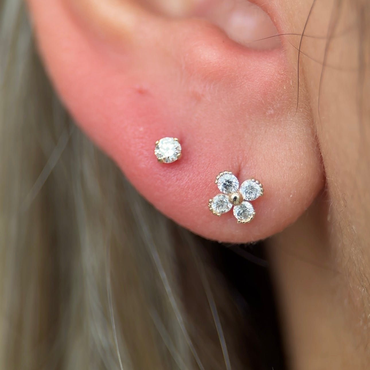 Diamond Threaded Flat Back Stud in Solid 14k Rose Gold