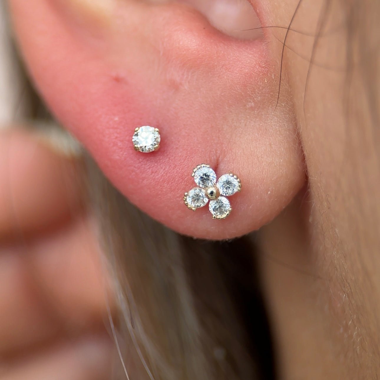 Beaded Diamond Four Petal Flower Flat Back Stud in Solid 14k Yellow Gold