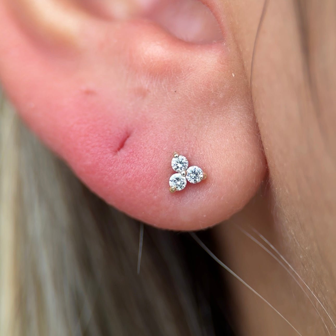 Diamond Trinity Cluster Flat Back Stud in Solid 14k Yellow Gold