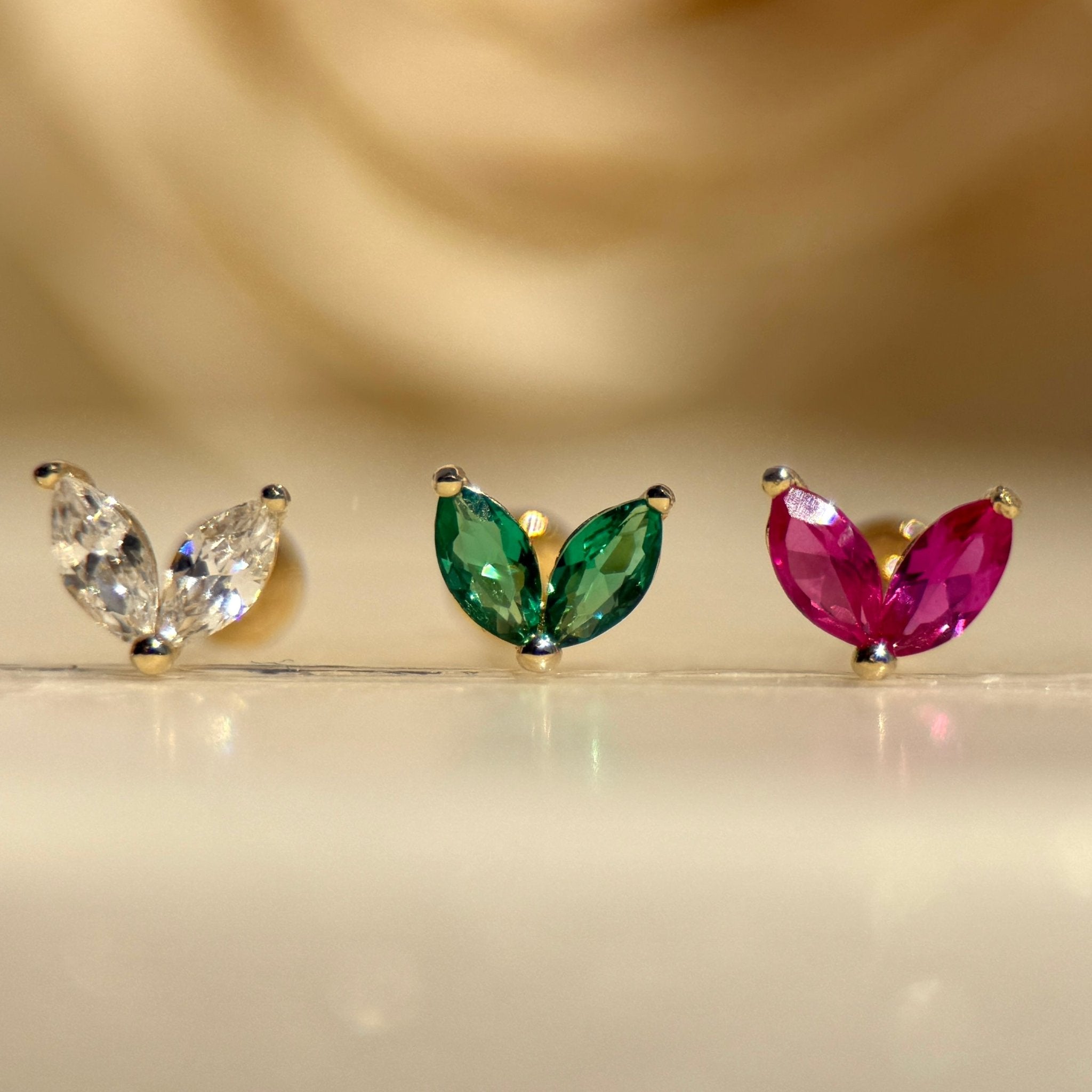 Cubic Zirconia Double Marquise Flat Back Stud in Solid 14k White Gold